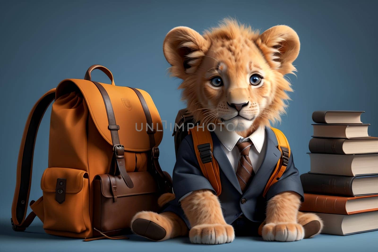 tiger cub schoolboy with backpack and textbooks .