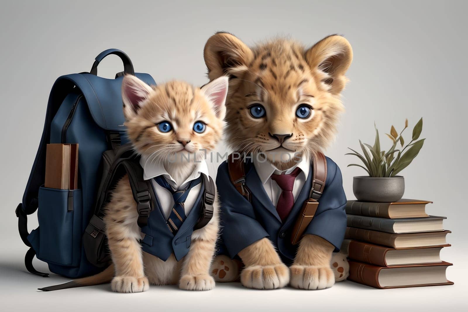 tiger cub and kitten schoolchildren with backpack and textbooks .
