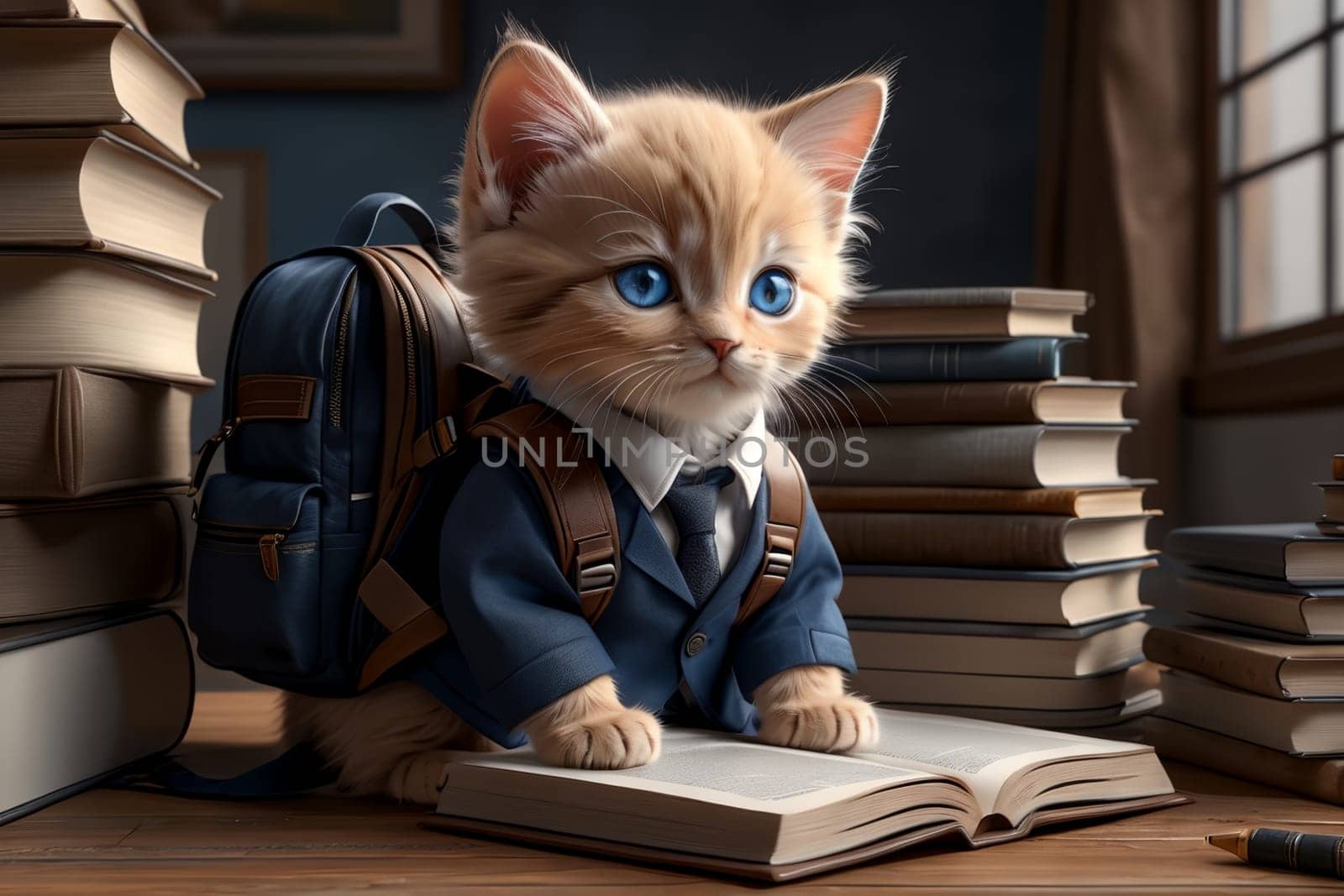 kitten schoolboy with backpack and textbooks .