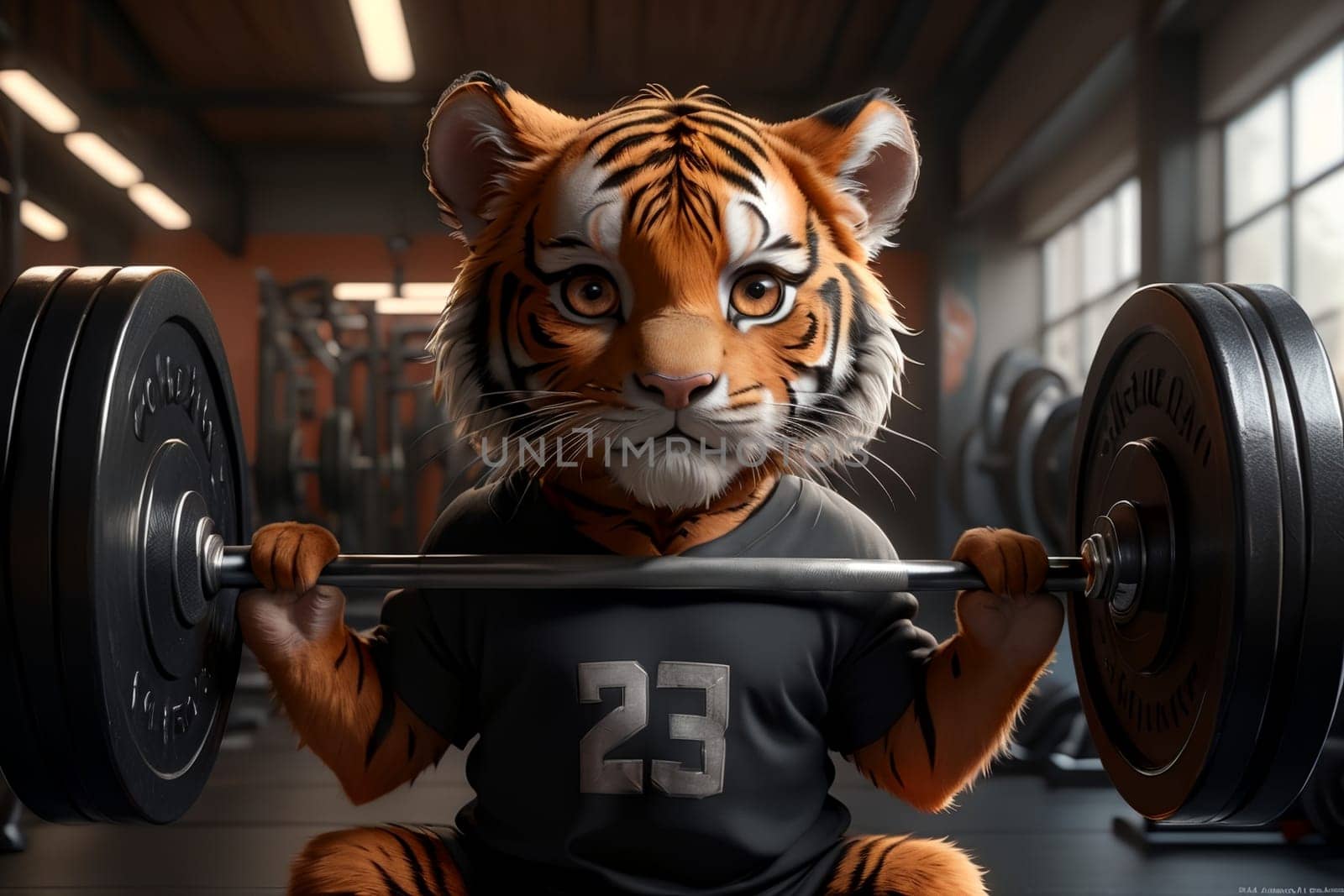 tiger goes in for sports in the gym, lifts a heavy barbell by Rawlik