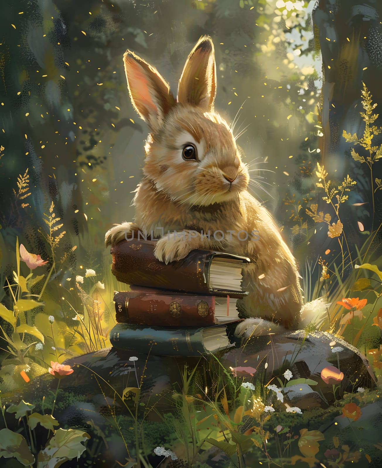 Rabbit perched on book stack in natural landscape by Nadtochiy