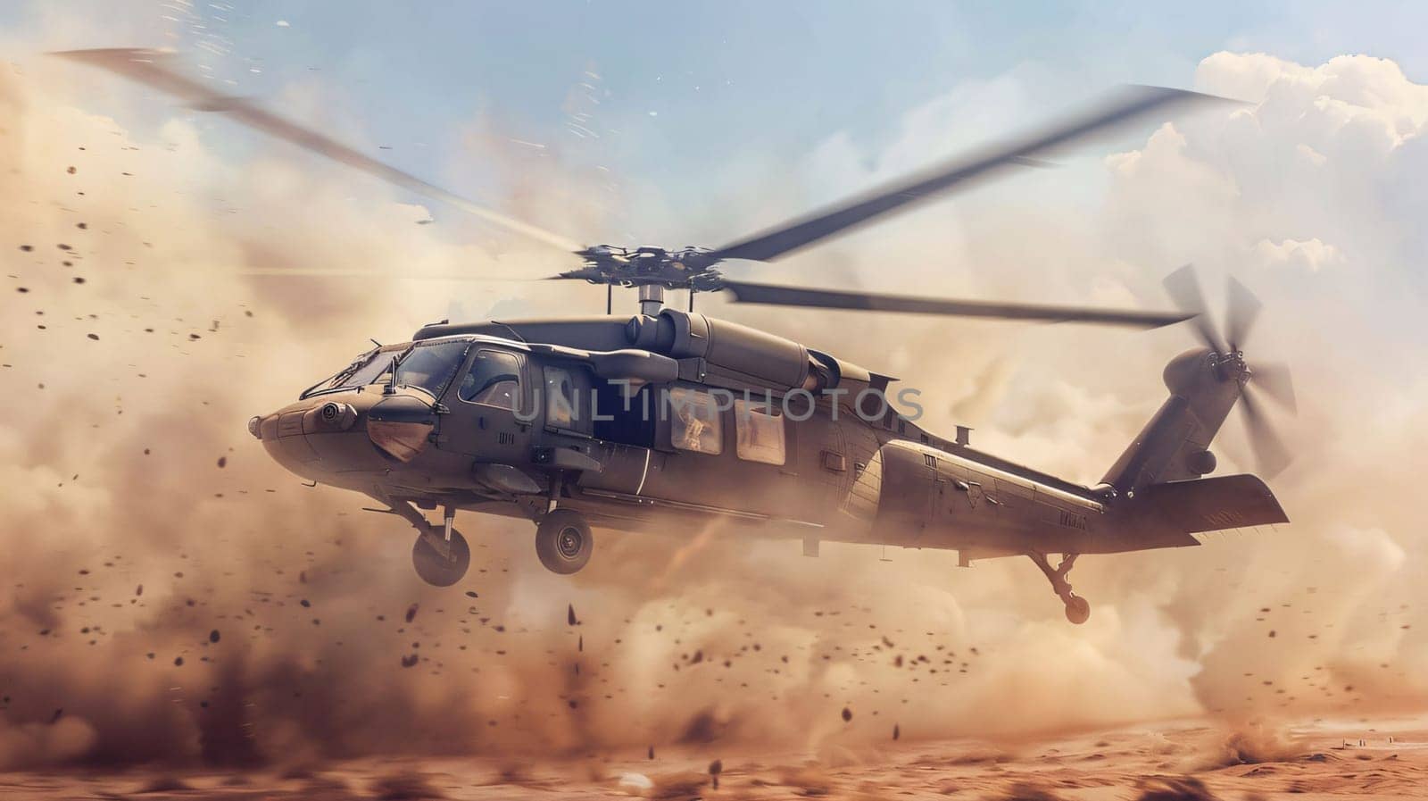 Photography: Military helicopter flying in the sky. 3D render. Conceptual image.