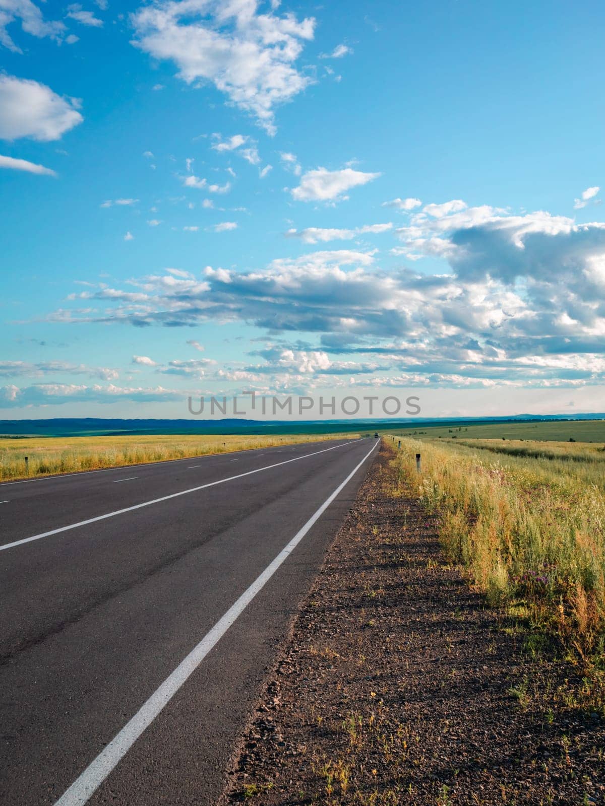 Endless country road stretching into horizon under bright blue sky and fluffy clouds in daytime by Busker