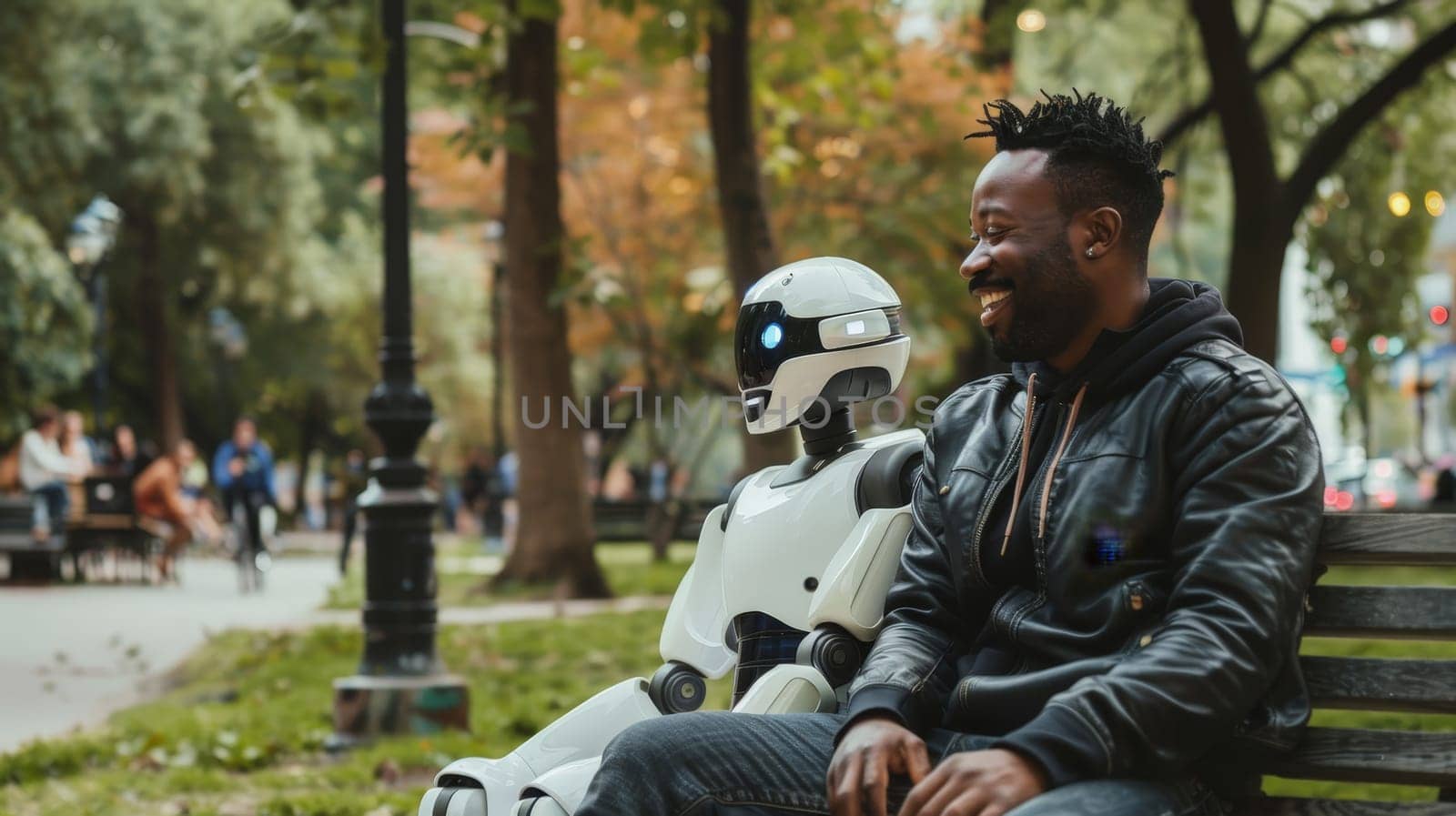 A man and a robot sitting together on a park bench, Demonstrating a bond of friendship and companionship.