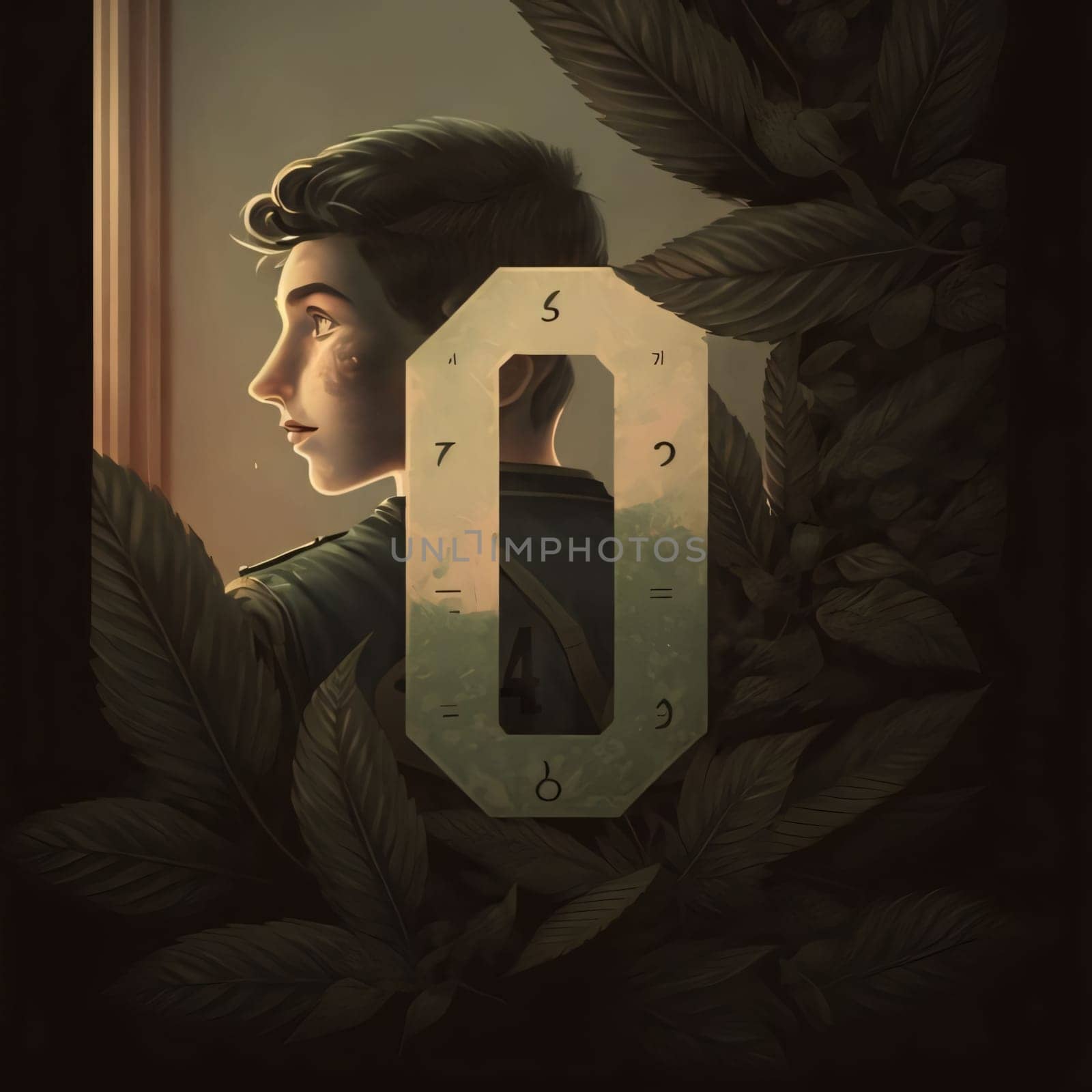 Graphic numbers: Young woman in the garden with a lock on her head, 3d illustration