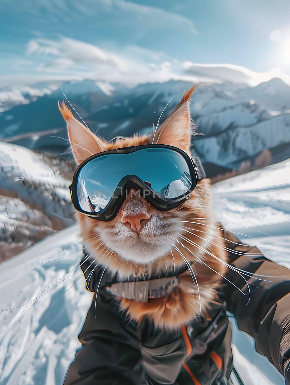 A carnivore cat with goggles takes a snowy selfie by Nadtochiy