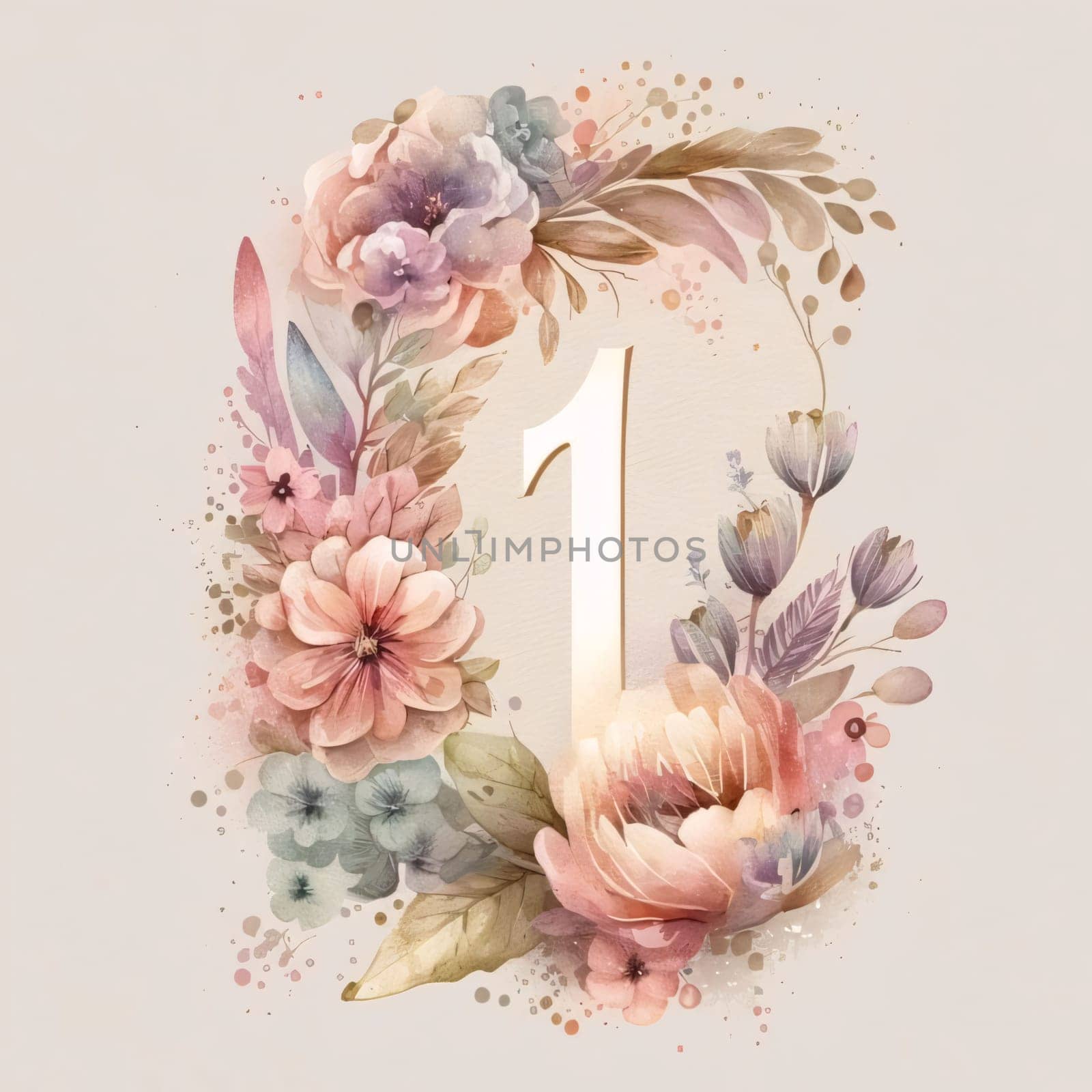 Graphic numbers: Watercolor Floral Number 1. Hand Drawn Floral Number 1.