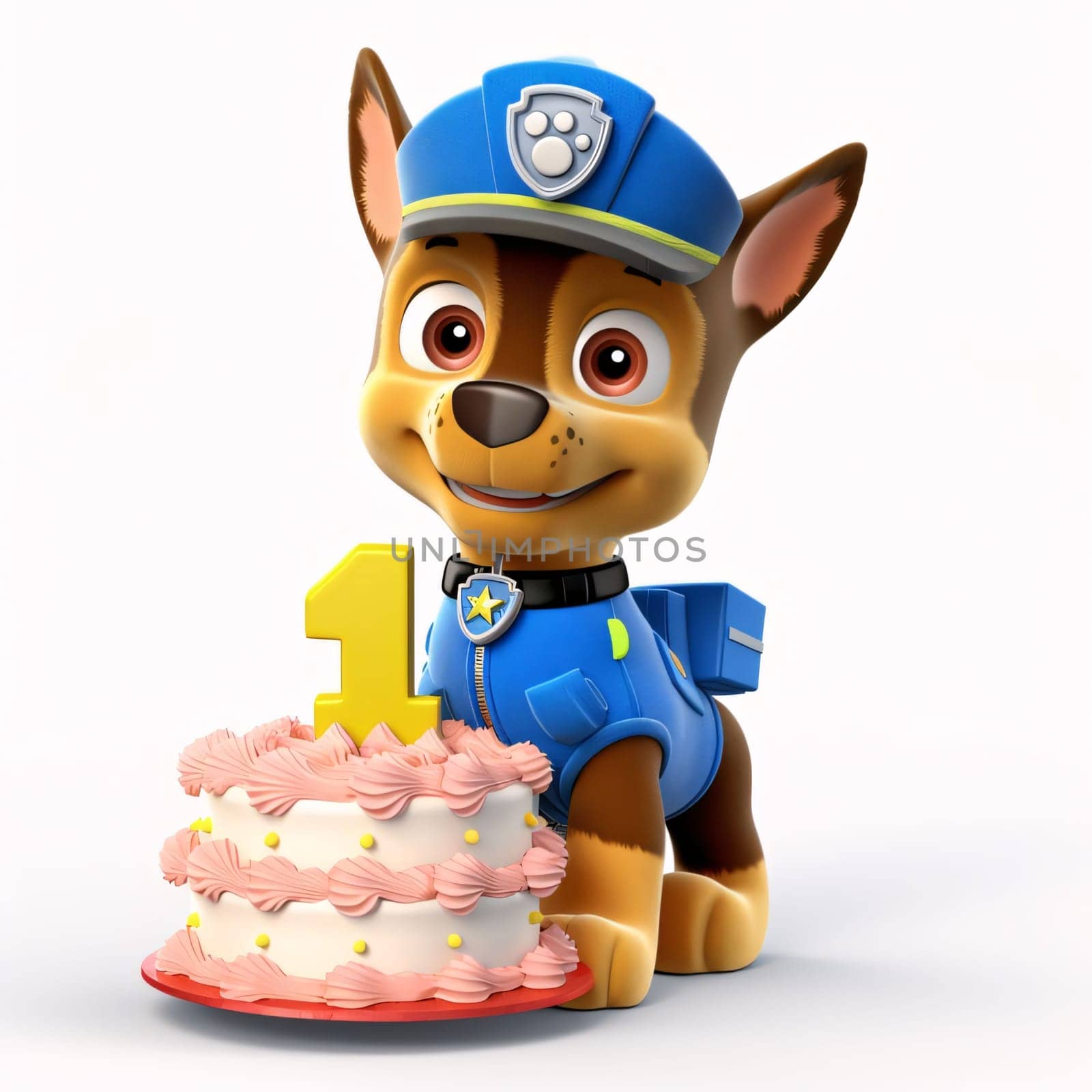 Graphic numbers: 3d illustration of a dog policeman with a birthday cake on a white background