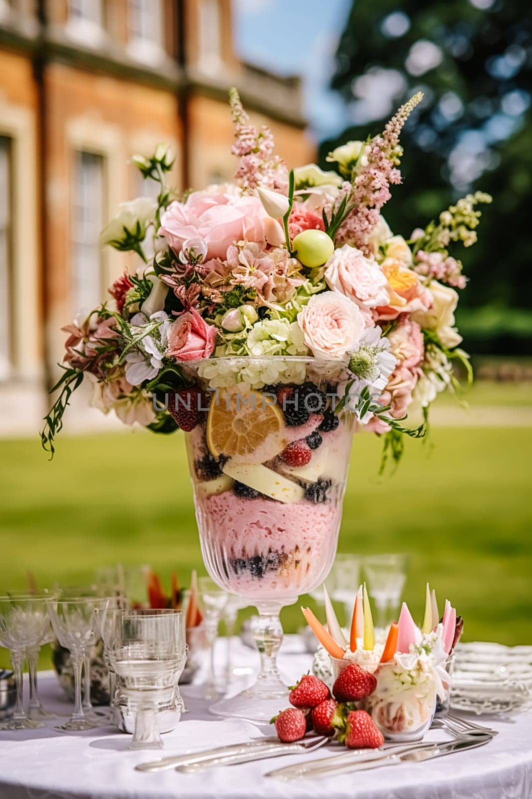 Ice cream desserts buffet table, event food catering for wedding, party and holiday celebration, ice creams and flowers decor in a floral countryside garden, post-processed, generative ai