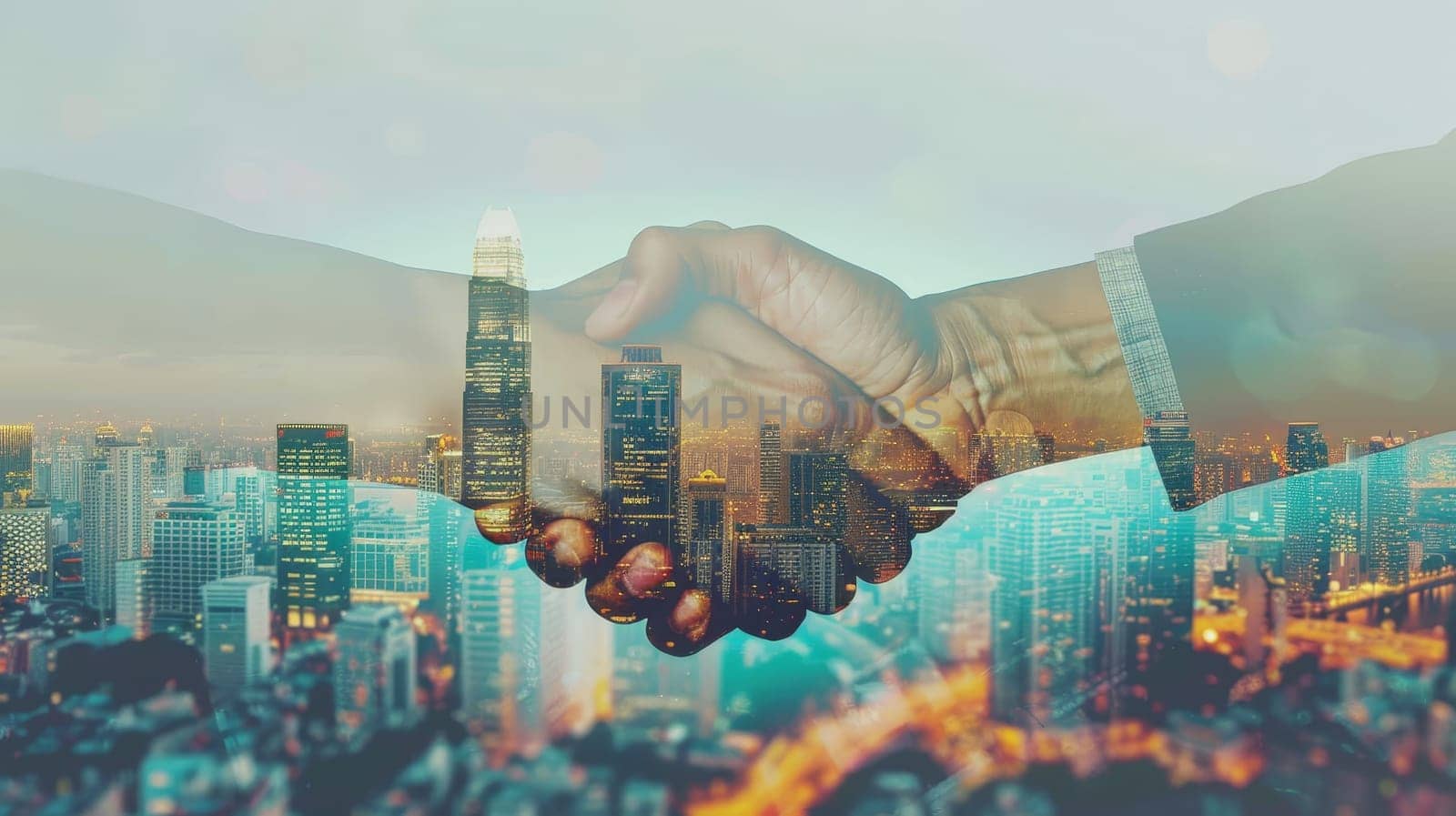 Double exposure of business people shaking hands for successful investment deal and city background, teamwork and partnership concept.