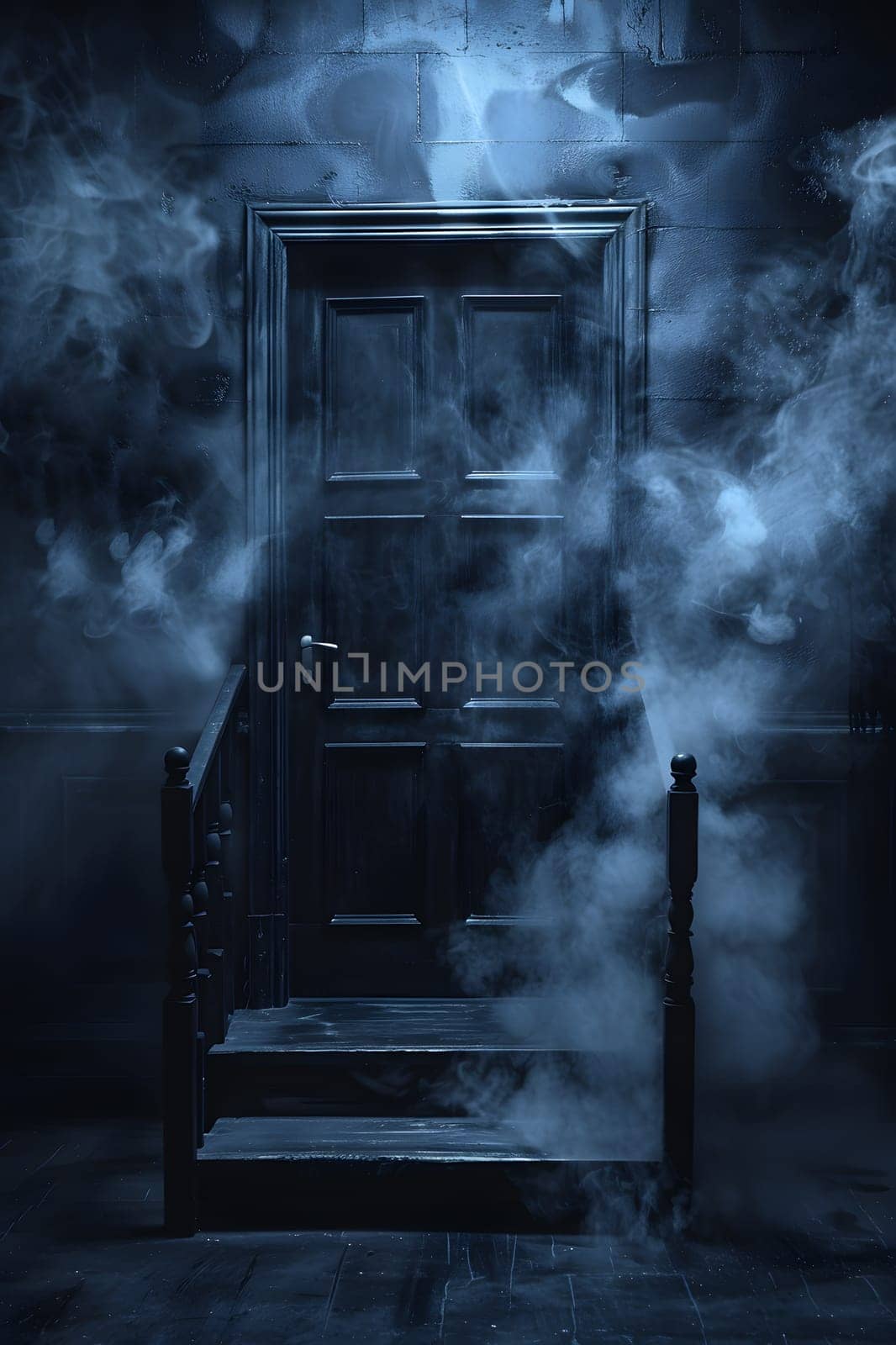 The door, illuminated by automotive lighting, sits at the top of stairs surrounded by smoke in a dark room. The atmosphere is grey and atmospheric, creating a mysterious midnight setting