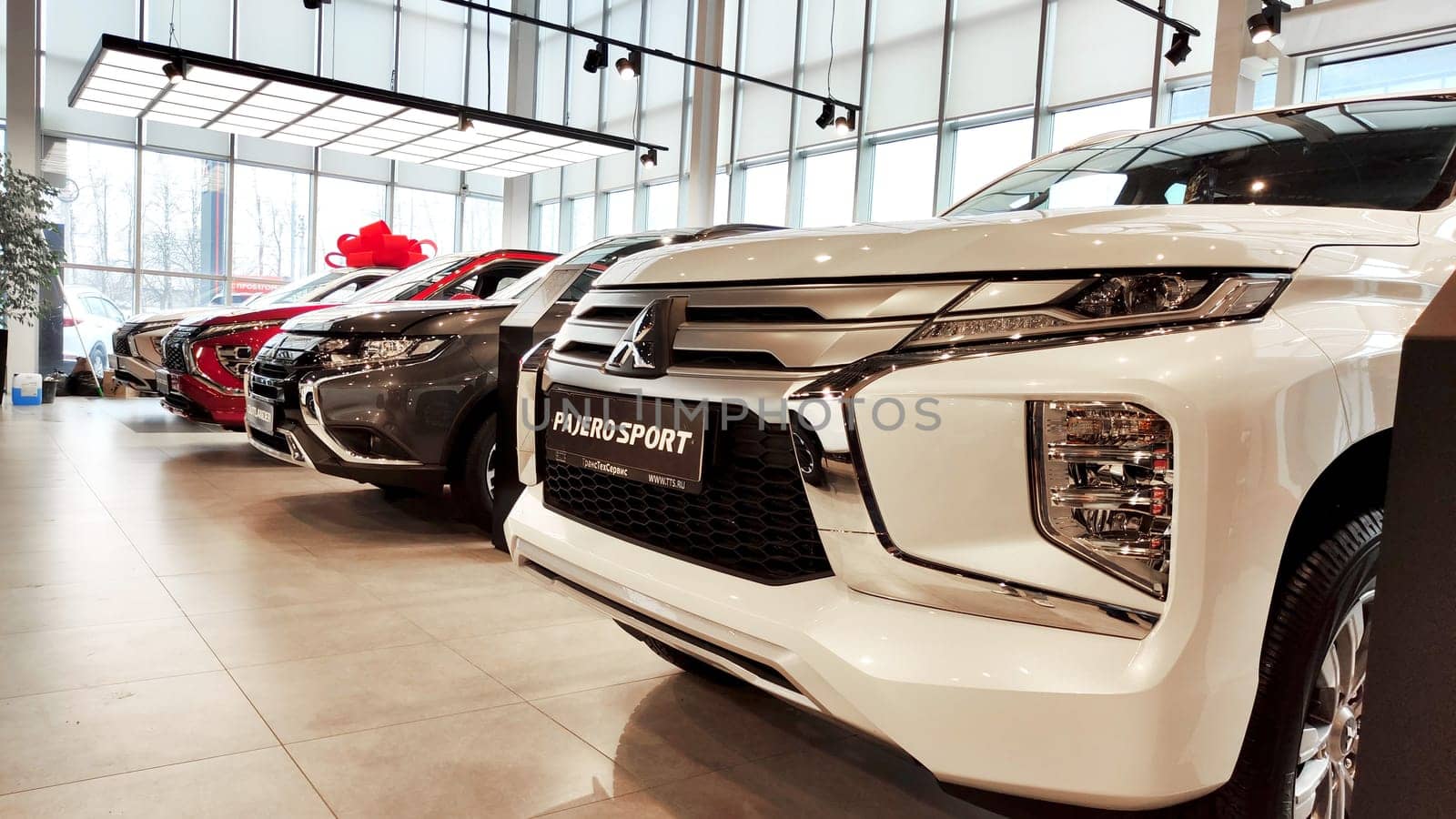 Cheboksary, Russia - March 20, 2023: Cars in showroom of dealership Mitsubishi