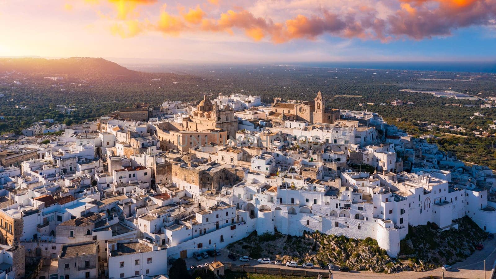 View of Ostuni white town, Brindisi, Puglia (Apulia), Italy, Europe. Old Town is Ostuni's citadel. Ostuni is referred to as the White Town. Ostuni white town skyline and church, Brindisi, Italy.