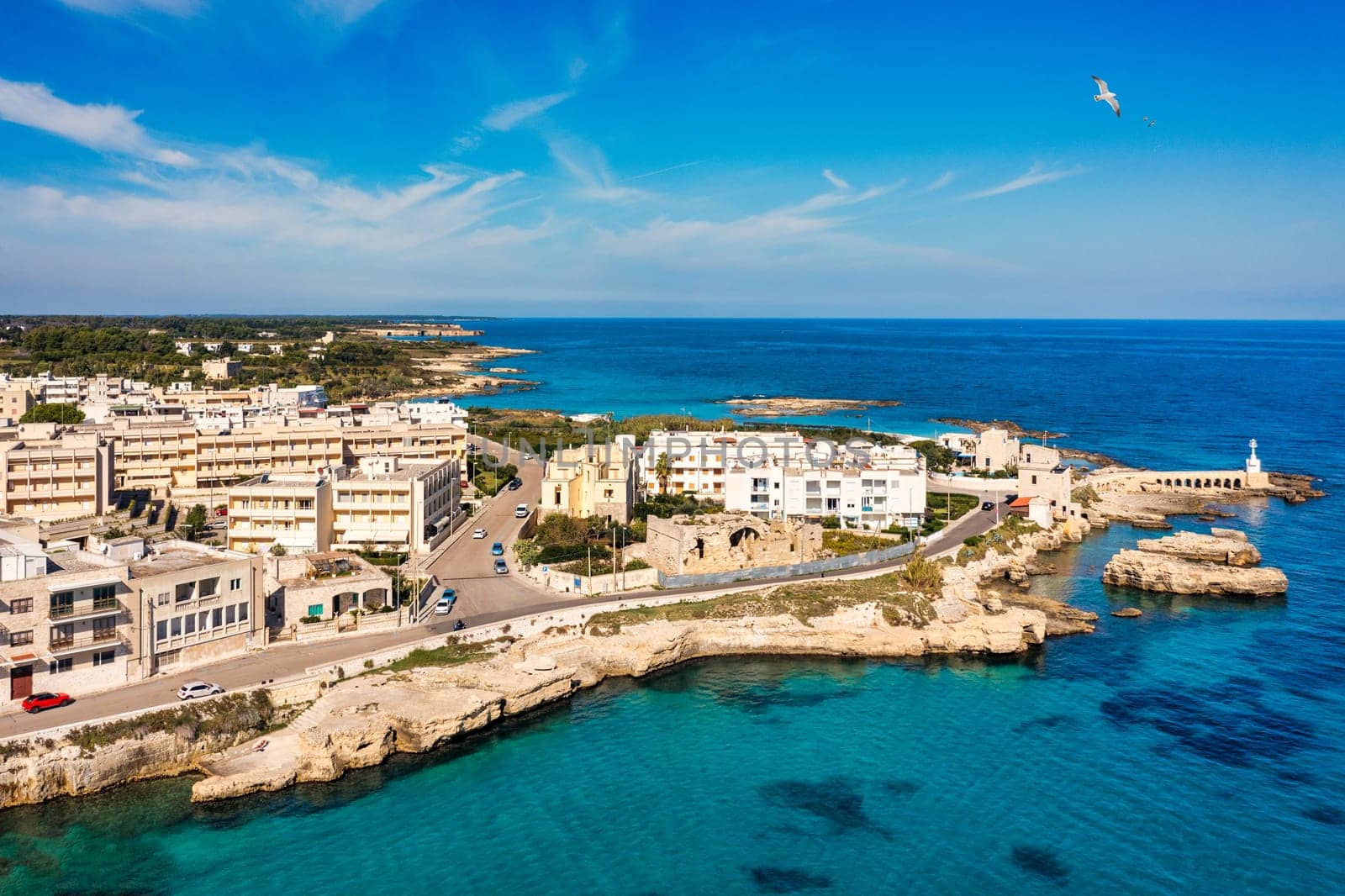 Aerial view of Otranto town on the Salento Peninsula in the south of Italy, Easternmost city in Italy (Apulia) on the coast of the Adriatic Sea. View of Otranto town, Puglia region, Italy.