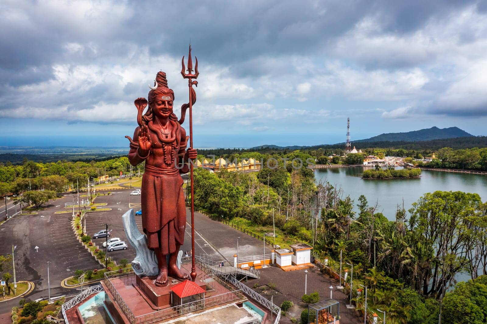 Shiva Statue, 33 m tall Hindu god, standing at the entrance of Ganga Talao - Grand Bassin lake the most sacred Hindu place on Mauritius. Hindu god Shiva, seen from above, Mauritius.