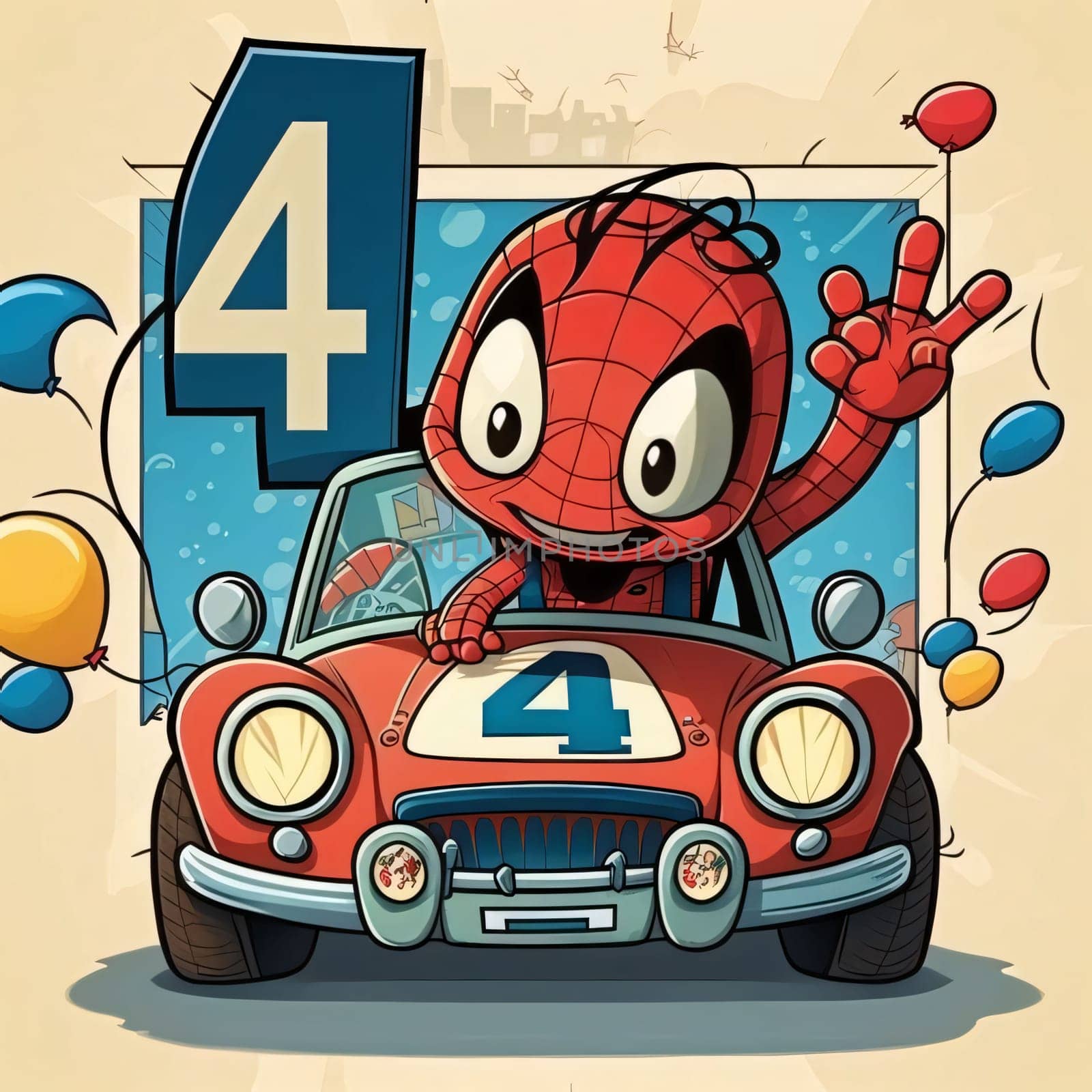 Graphic numbers: Vector illustration of Cartoon Cute Red Robot with Number Four on the Car