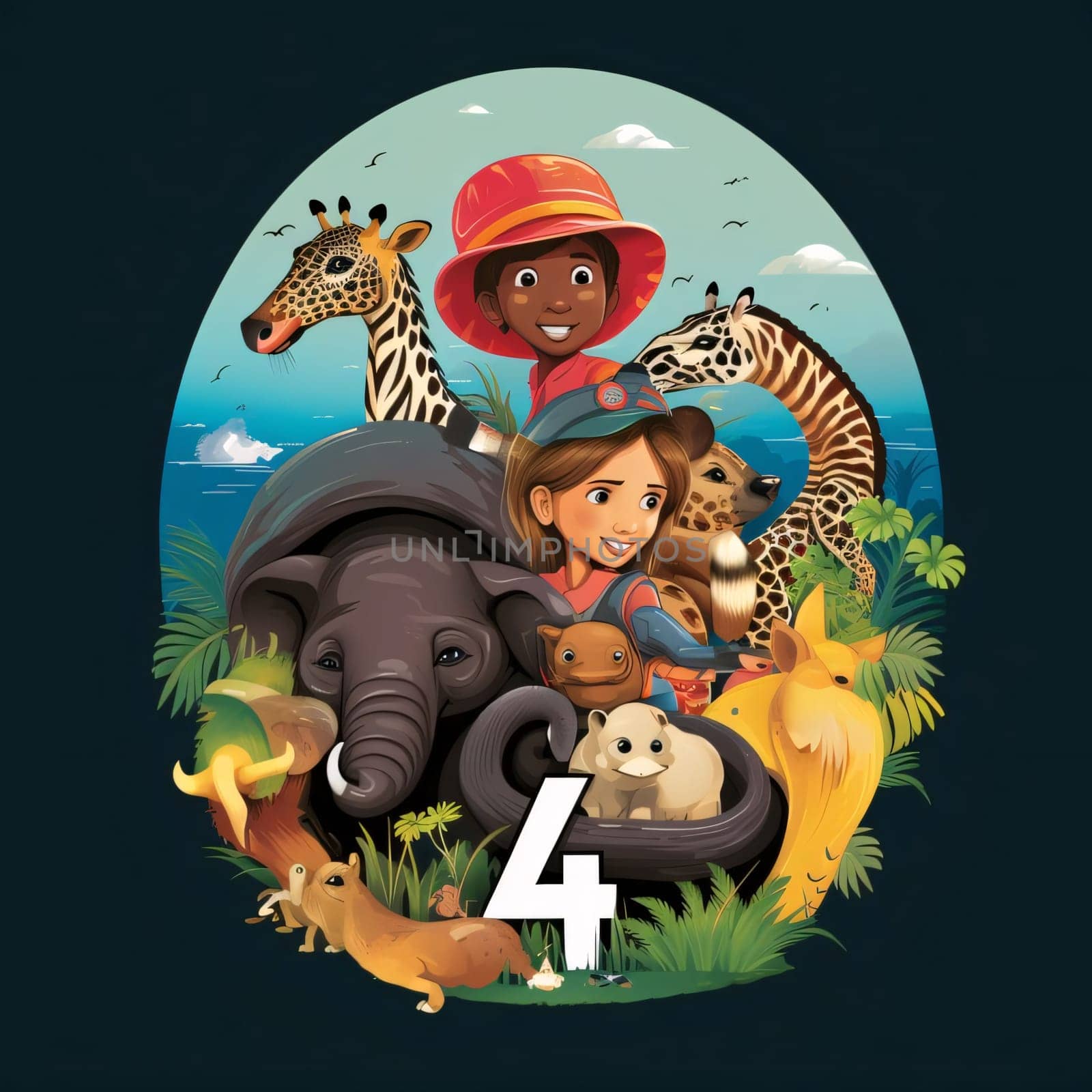 Graphic numbers: Children in safari theme with animals and safari hat illustration.