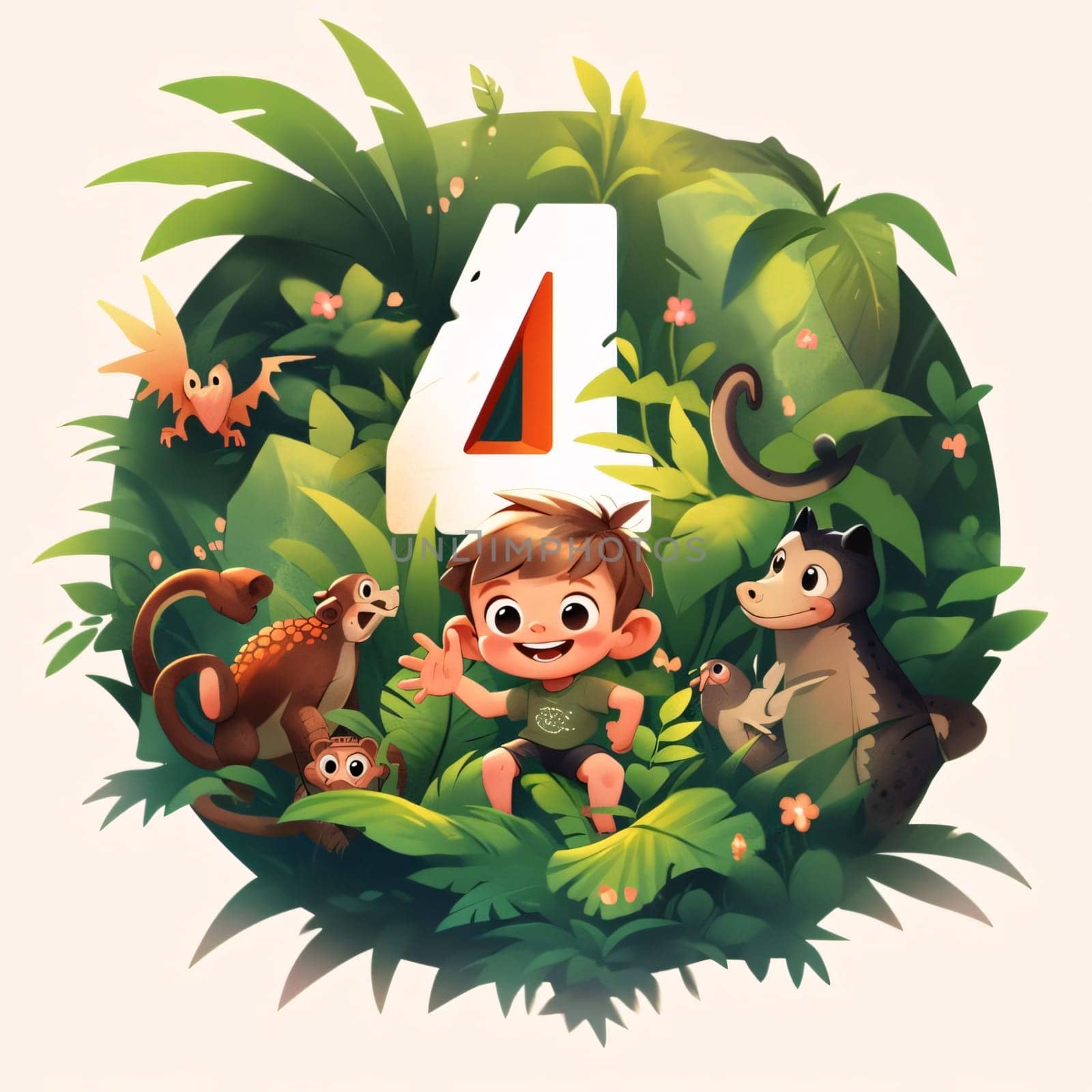 Graphic numbers: Cute little boy playing with animals in the jungle. Vector illustration.