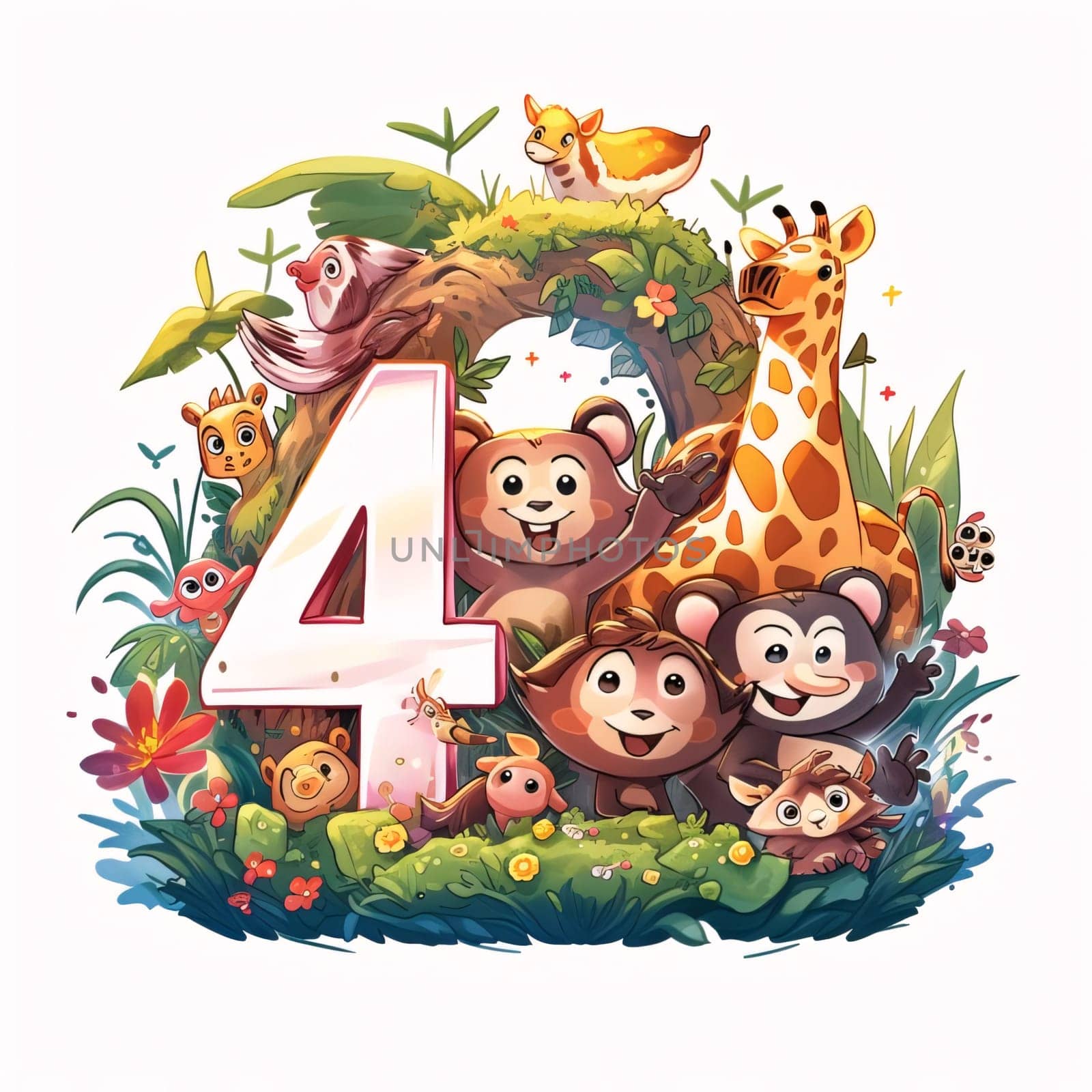 Graphic numbers: Number four with wild animals in the garden. Cartoon vector illustration.