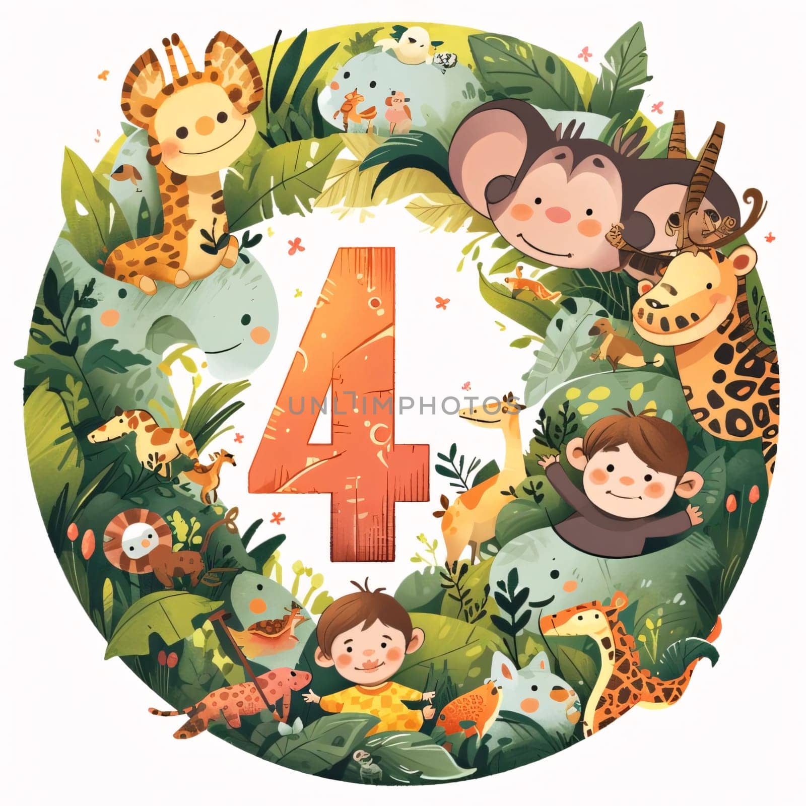 Graphic numbers: Cute zoo alphabet. Letter 4 with animals. Vector illustration.