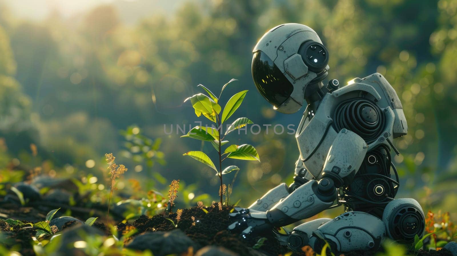 A robot planting a tree in a reforestation effort, Surrounded by a natural landscape, Futuristic preserving and enhancing the environment.
