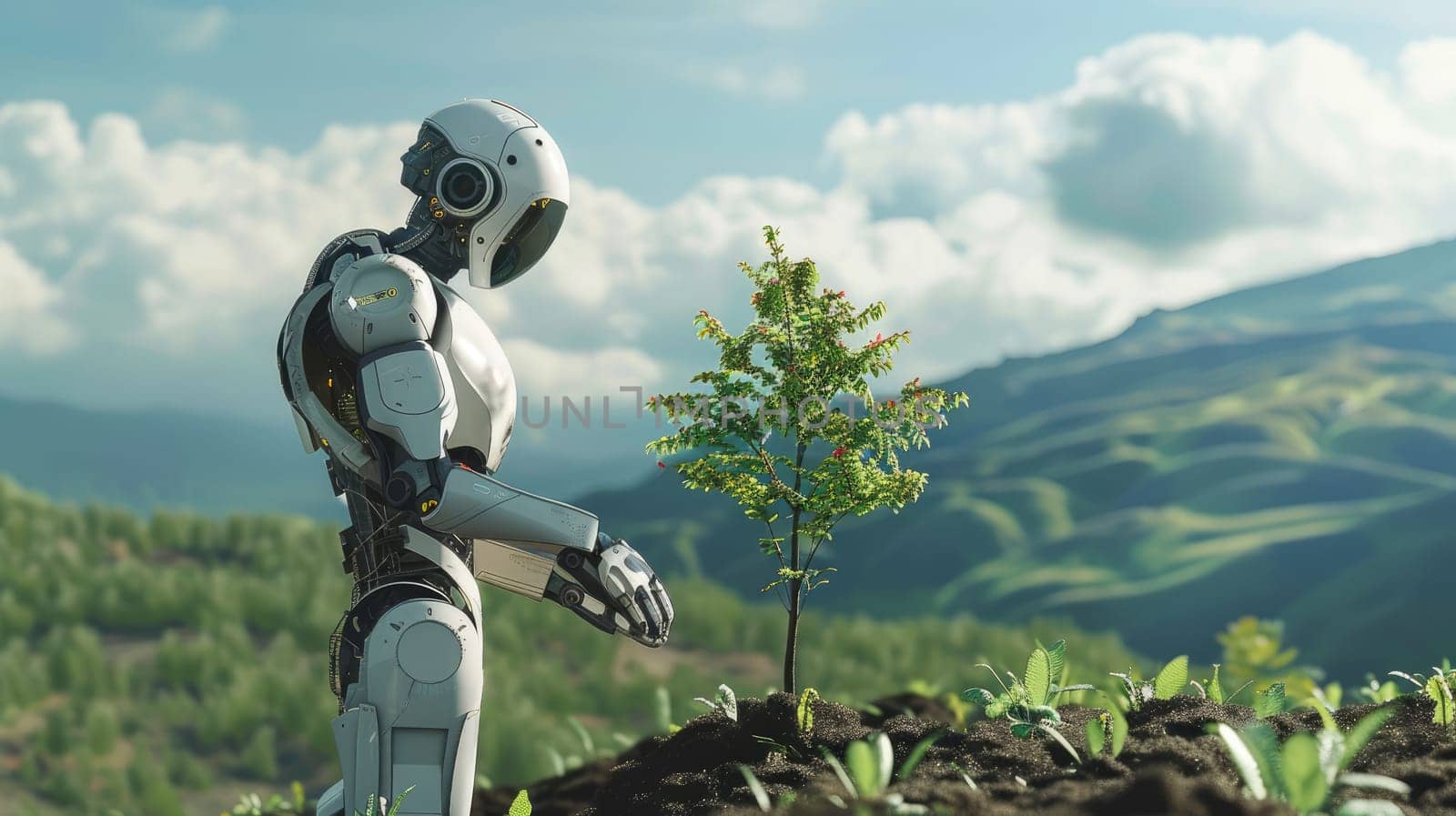 A robot planting a tree in a reforestation effort, Surrounded by a natural landscape, Futuristic preserving and enhancing the environment.