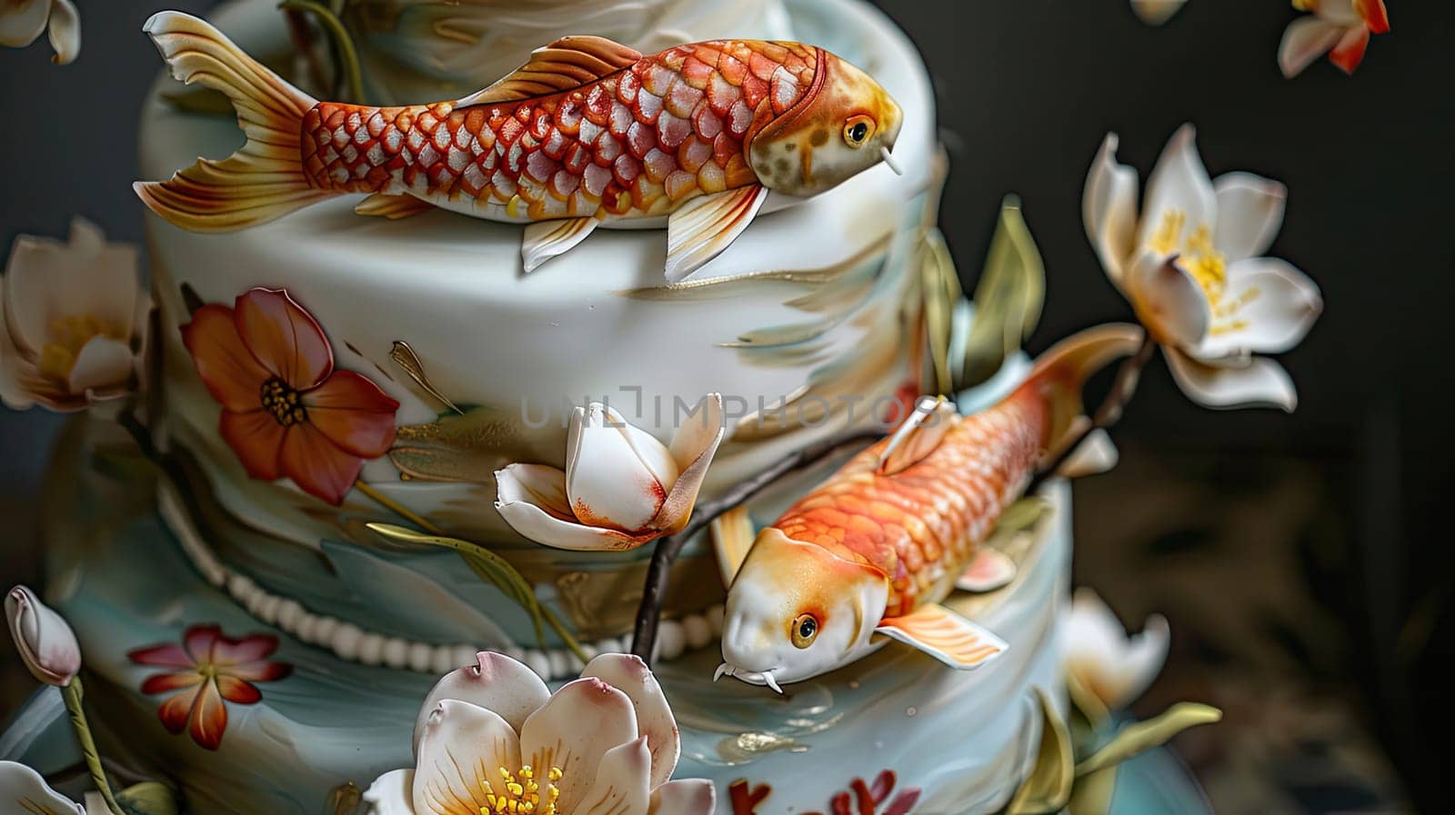 A three-tiered cake adorned with intricate fish and flower decorations.
