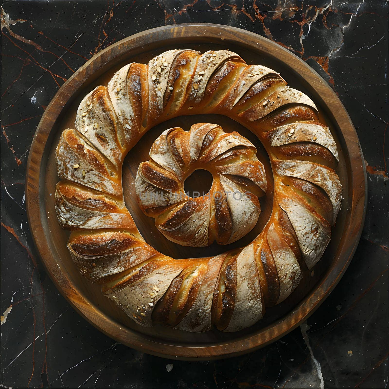 A spiralshaped loaf of brown bread in a wooden bowl on a table, a delicious baked goods made with terrestrial animal ingredients. Perfect for any cuisine or dish recipe
