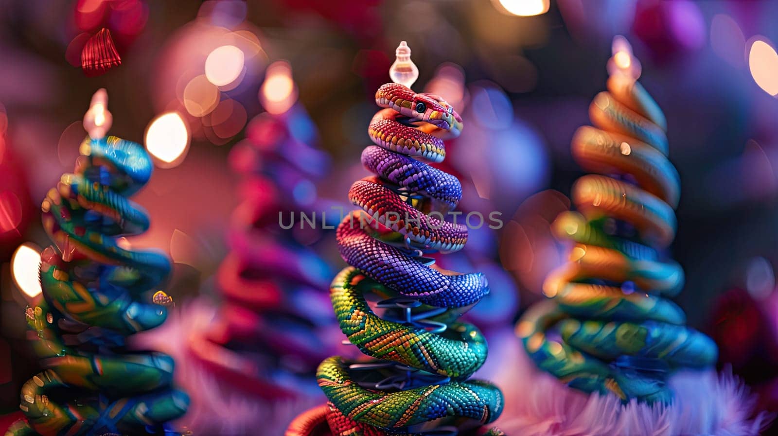 A group of vibrant Christmas trees lined up beside each other, adding a festive touch to the scene.