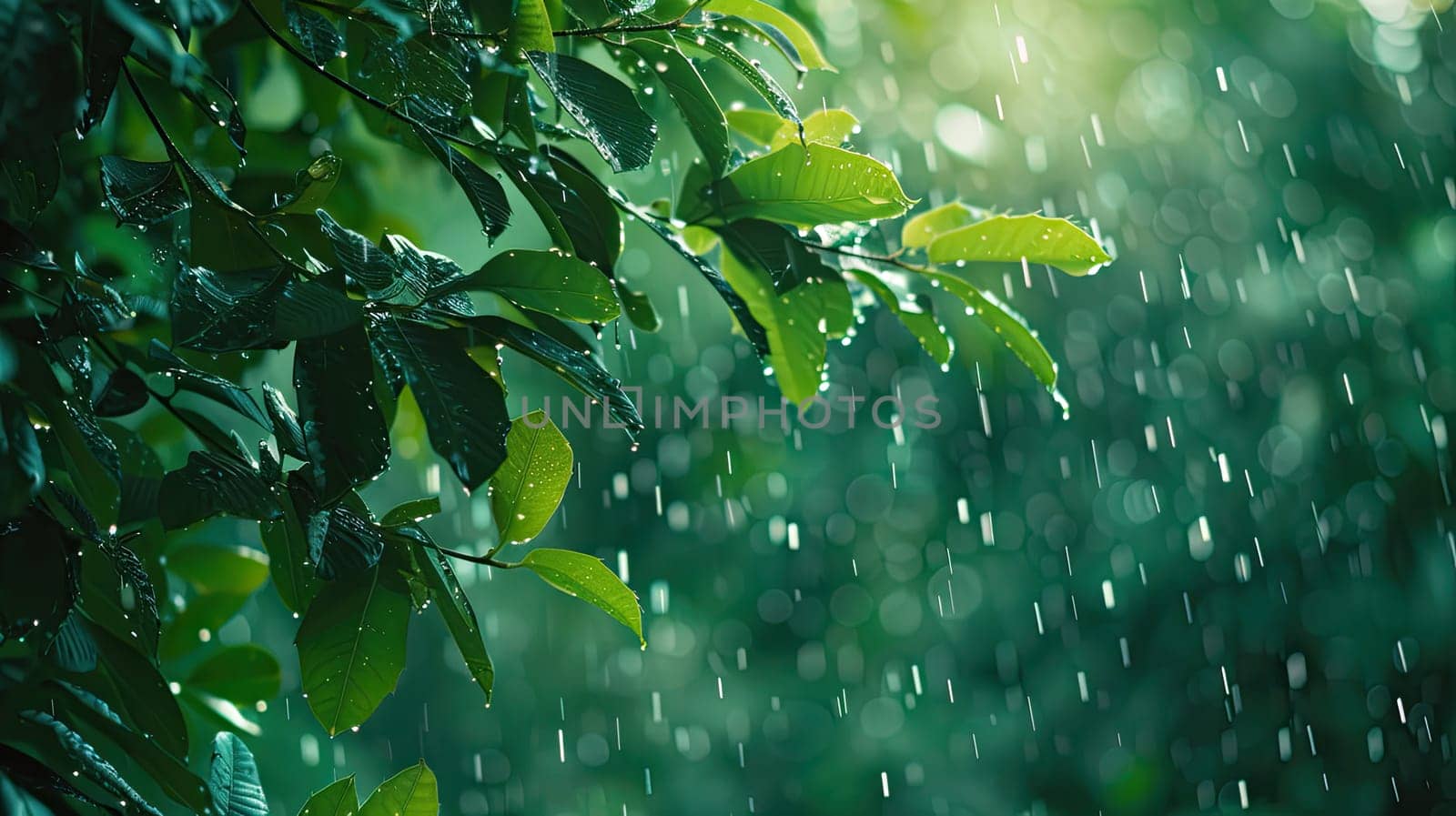 A green leafy tree stands in the rain, with droplets falling on its leaves.