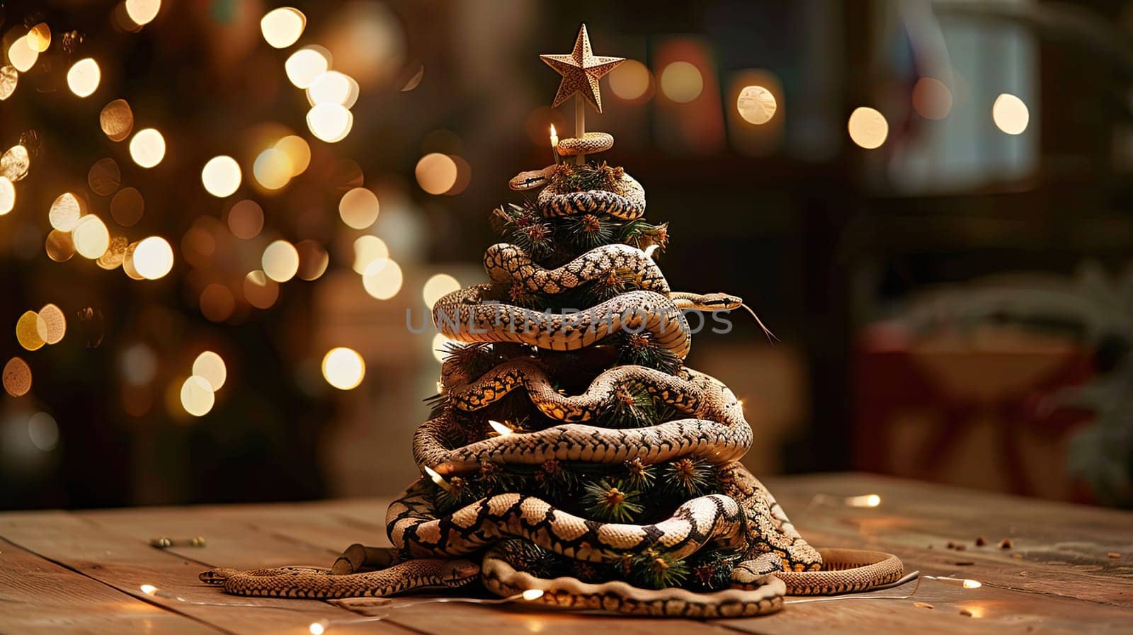 A unique Christmas tree is crafted out of snakes on a table, creating an unusual and intriguing holiday display.