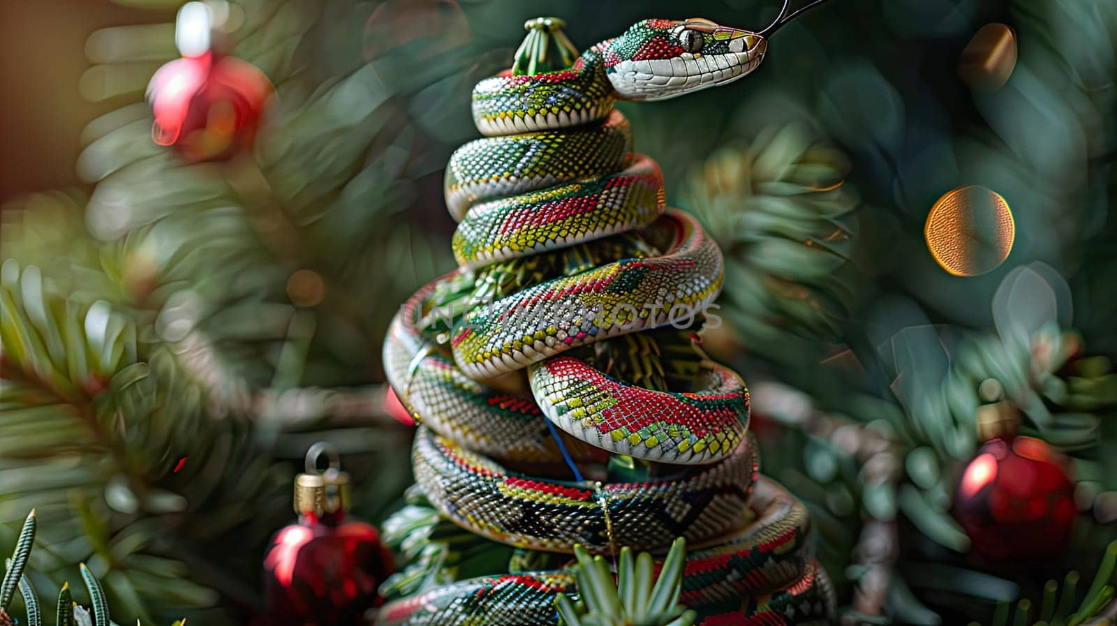 A snake coiled around the apex of a Christmas tree among the festive decorations.