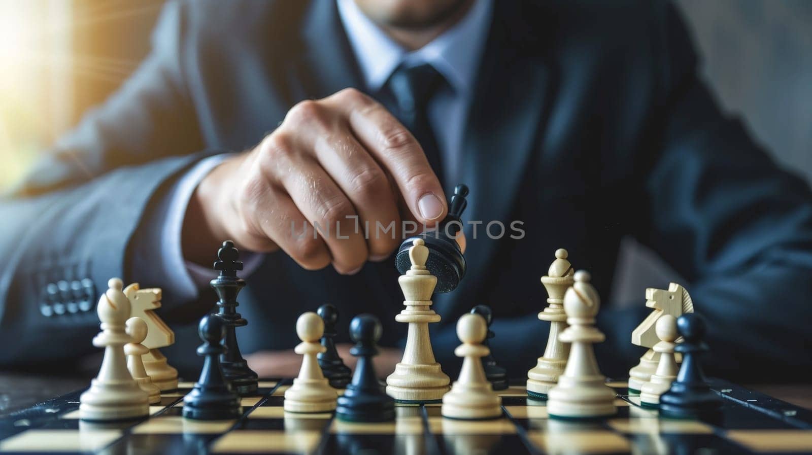 A man in a suit is playing chess with a white king. He is holding the king in his hand