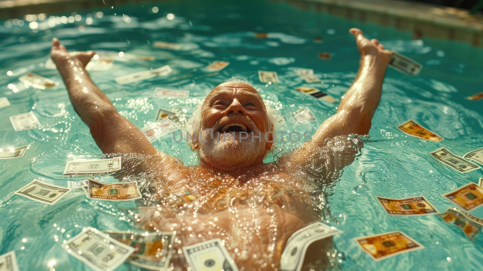 A aged man swimming in a pool of money, Rest after retirement.