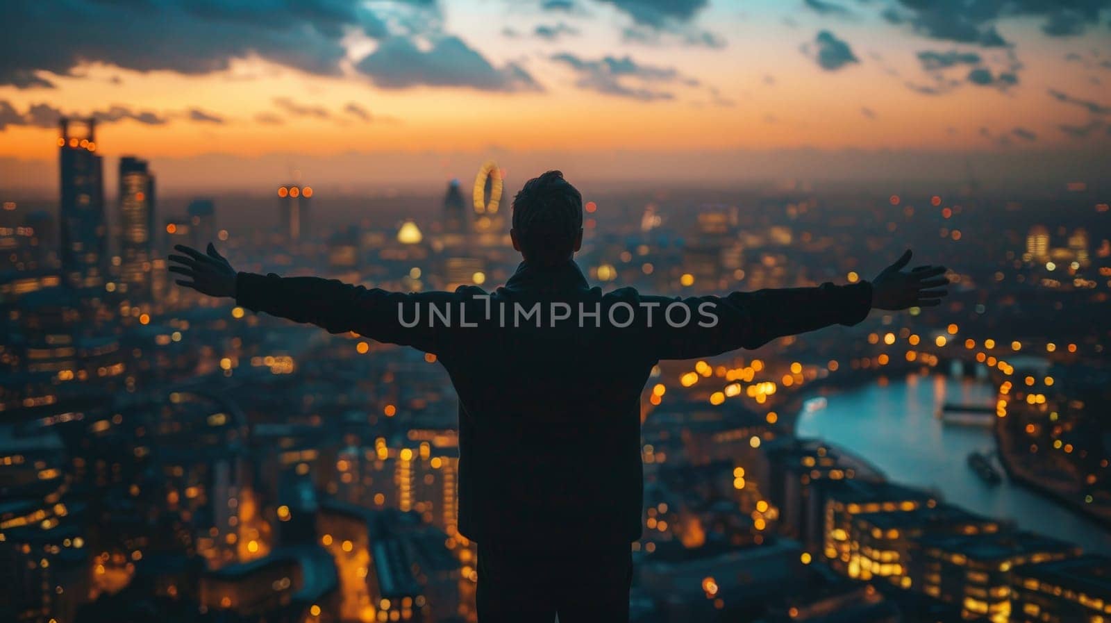 A man is standing in the city with his arms outstretched, looking up at the sky. The city is lit up at night, creating a mood of excitement and wonder