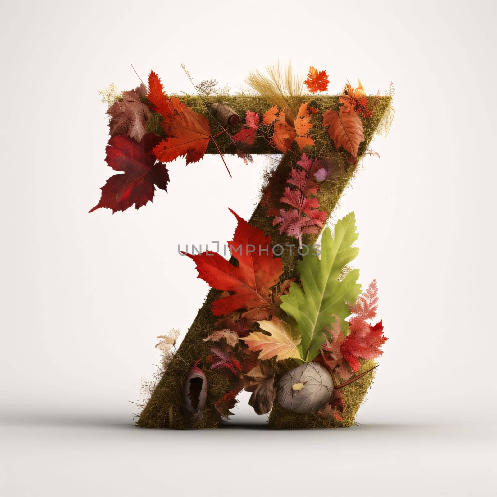 Graphic numbers: Letter 7 made of autumn leaves, 3d render, square image