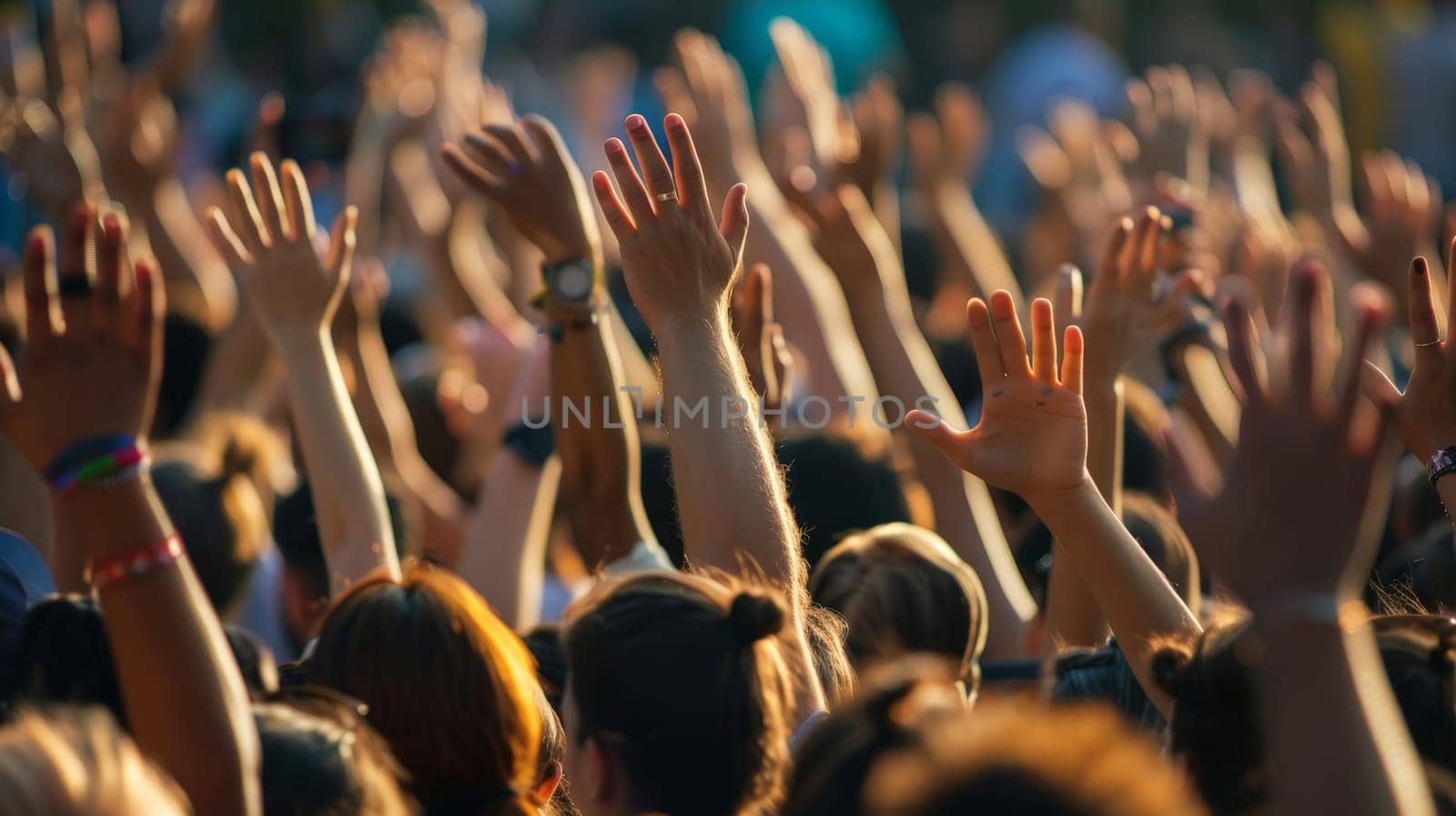 A crowd of people are raising their hands in the air. Scene is joyful and celebratory