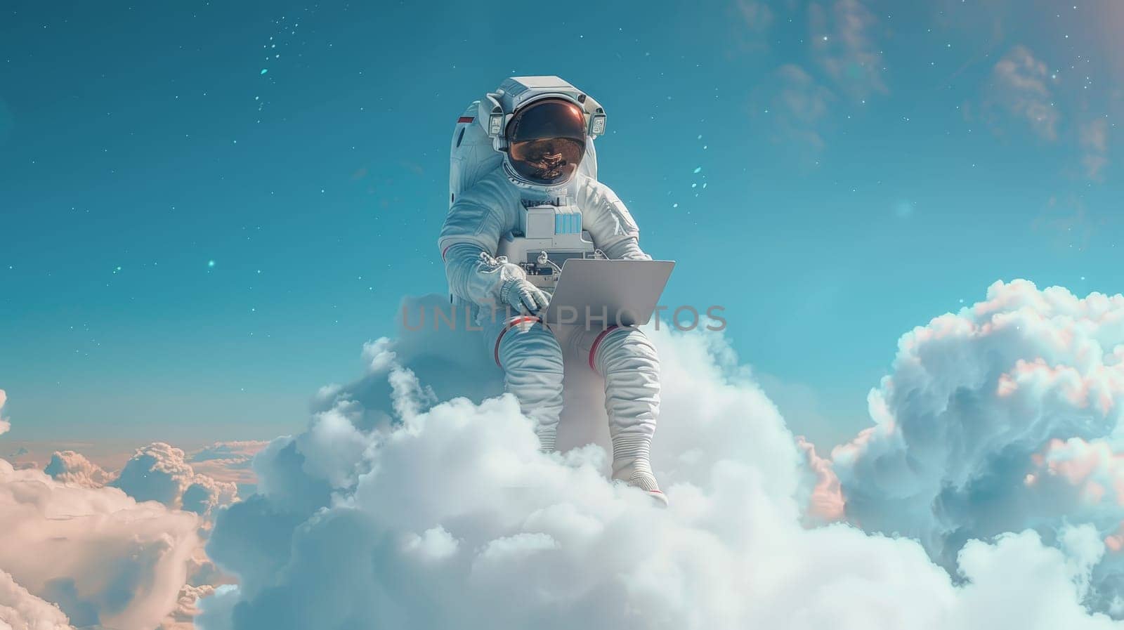 A man in a spacesuit is sitting on a cloud and using a laptop.