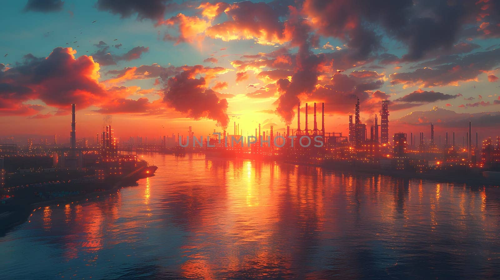 A sunset casts a warm glow over the water, with a factory silhouette in the background. The sky is painted with vibrant hues of red and orange, creating a stunning natural landscape