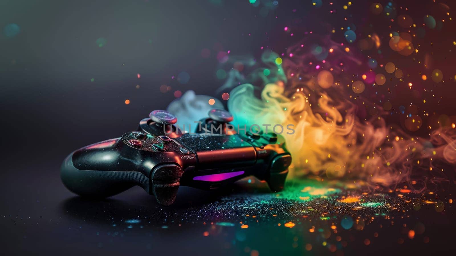 A video game controller is on a black surface with colorful smoke and sparks. The controller is surrounded by a colorful and vibrant atmosphere, giving the impression of a fun