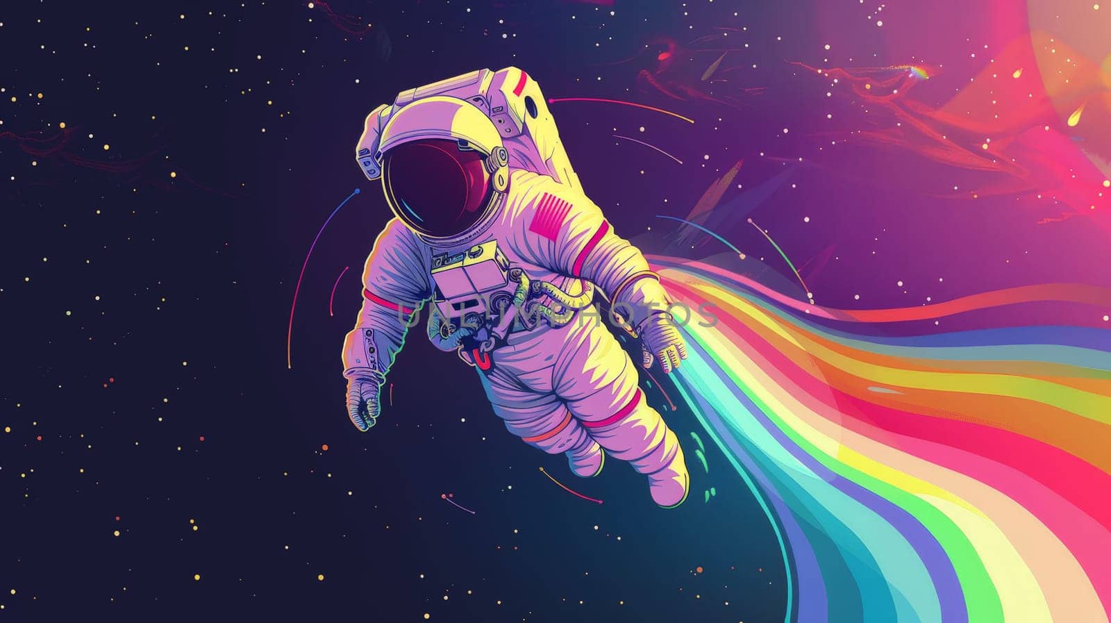 An astronaut in space with rainbow, Abstract wallpaper, Colorful art of astronaut in the space.
