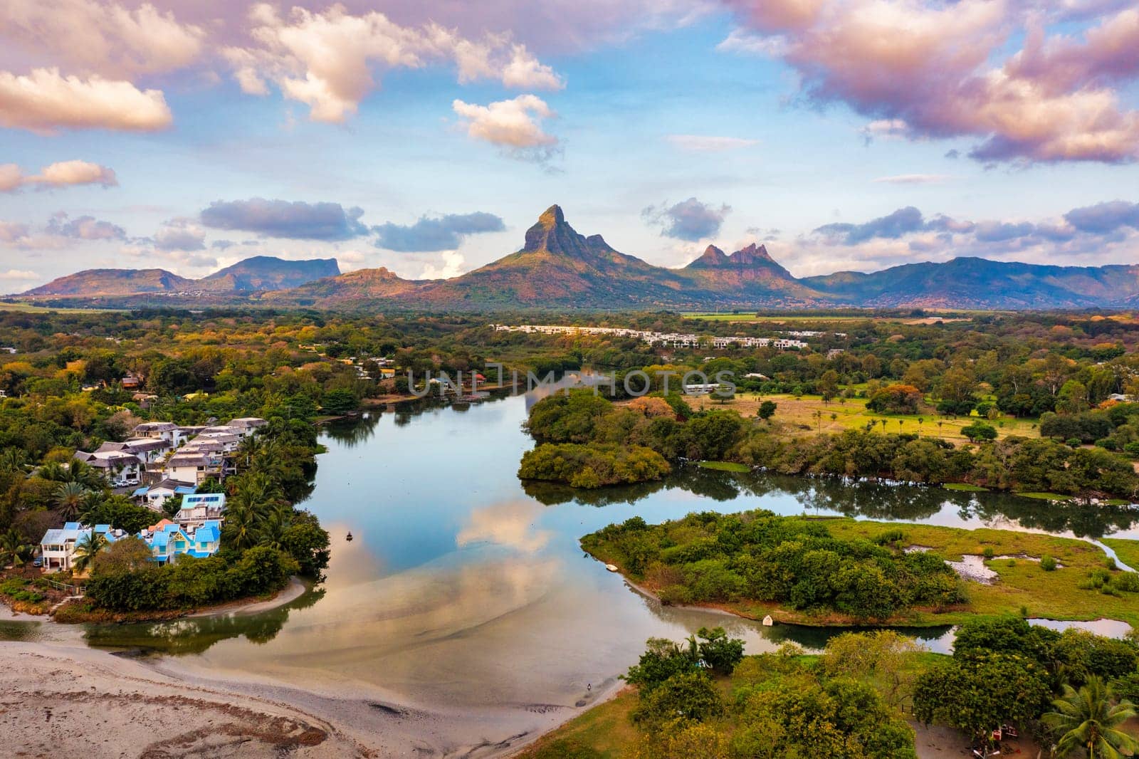 Rempart mountain view from Tamarin bay, Black river, scenic nature of Mauritius island. Beautiful nature and landscapes of Mauritius island. Rempart mountains view from Tamarin bay, Mauritius.