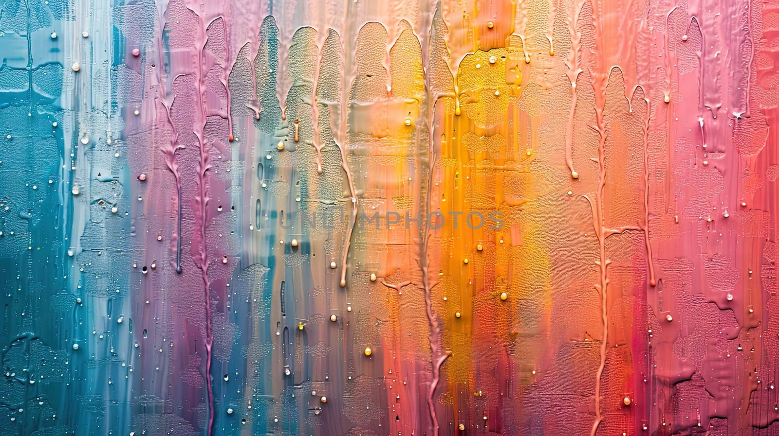 A vibrant painting adorned with water droplets, adding texture and depth to the artwork.