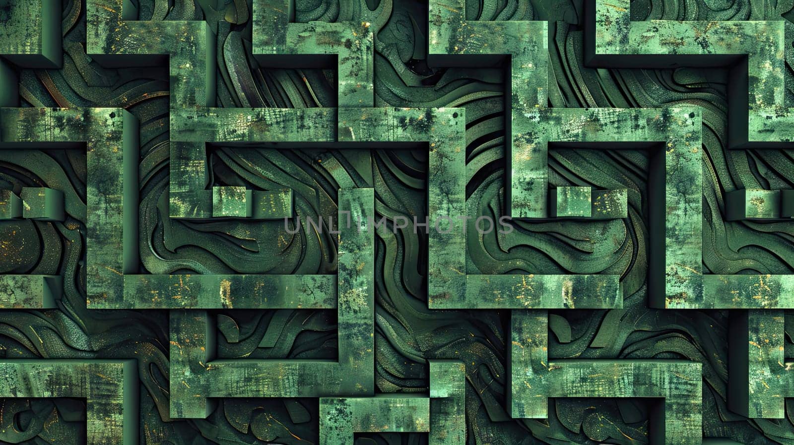 Intricate maze pattern on a green abstract background, creating a visually engaging design.