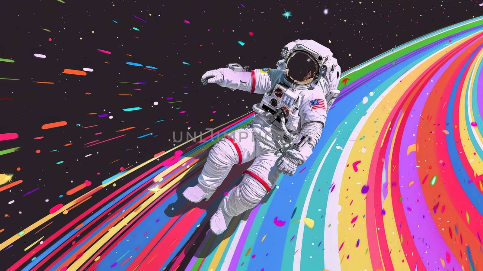 Abstract wallpaper of an astronaut in space with rainbow, Colorful art of astronaut in the space.