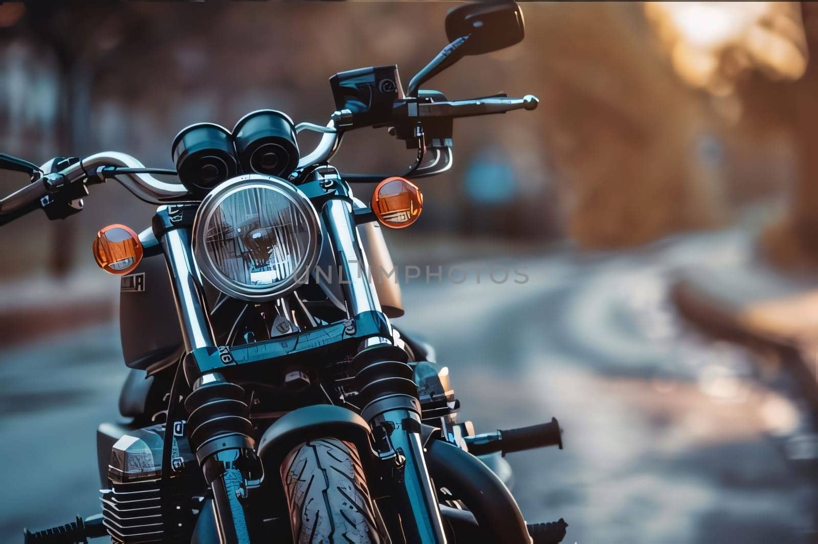 Photography: Close up of the headlight of a classic custom motorbike.