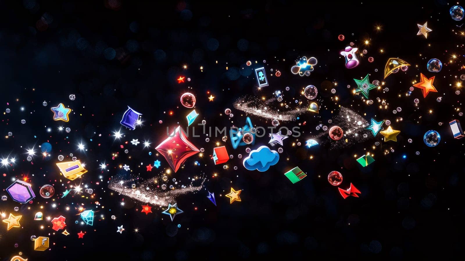 A colorful, star-filled sky with a rainbow of shapes and symbols. The sky is filled with a variety of shapes and colors, including stars, diamonds, and other gems