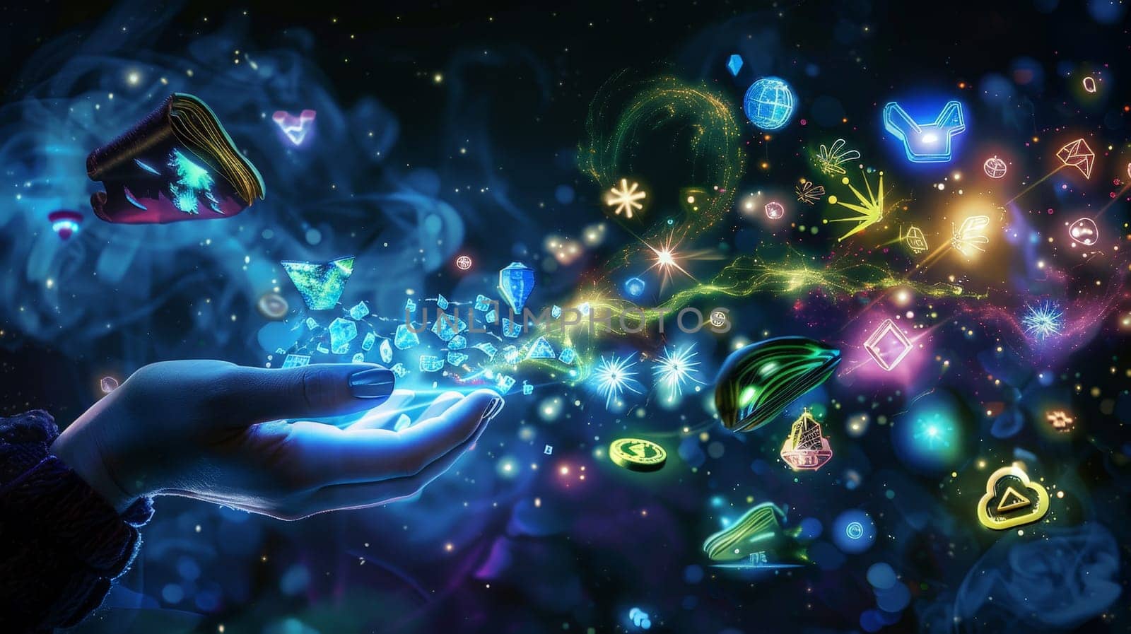 A hand is holding a glowing object that is surrounded by a colorful, swirling mass of symbols and shapes. Concept of wonder and mystery, as if the hand is holding a magical or otherworldly object