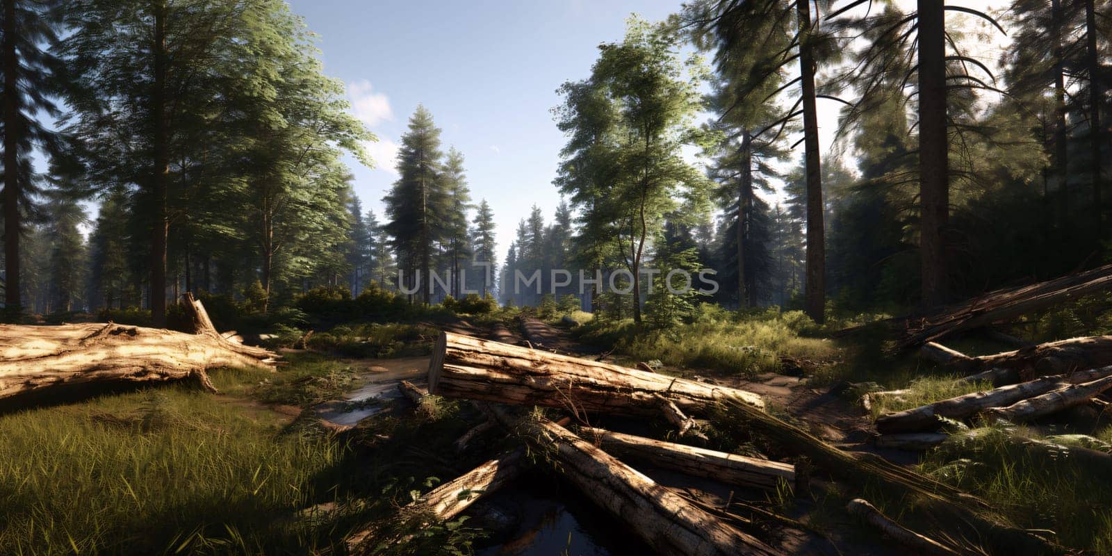 Pine forest in the rays of the setting sun. 3d render by ThemesS