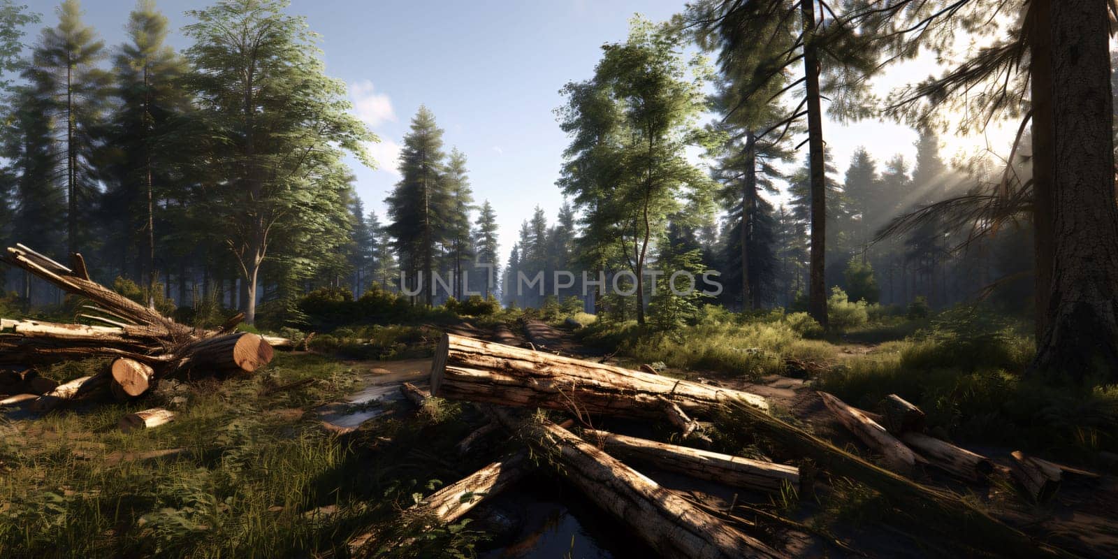 Photography: Forest in the rays of the setting sun. 3d rendering.